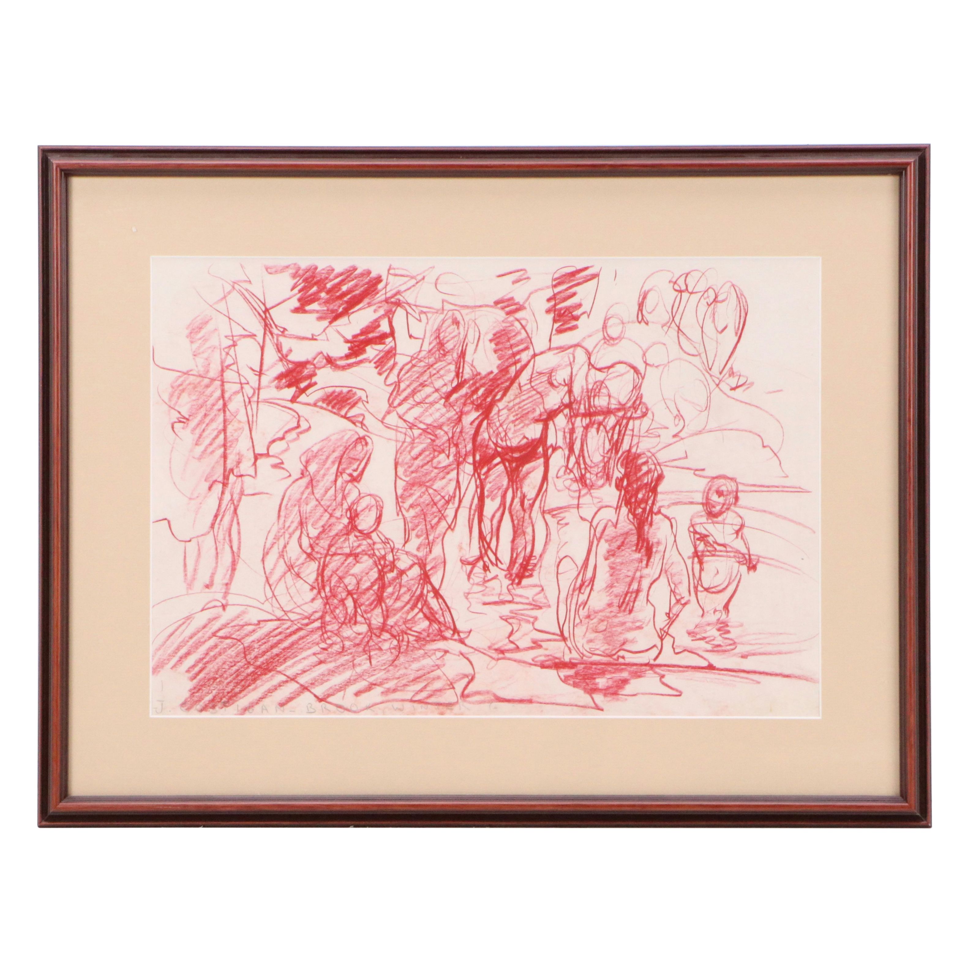 Figural Red Oil Pastel Sketch "Costigan Brook, Winter"