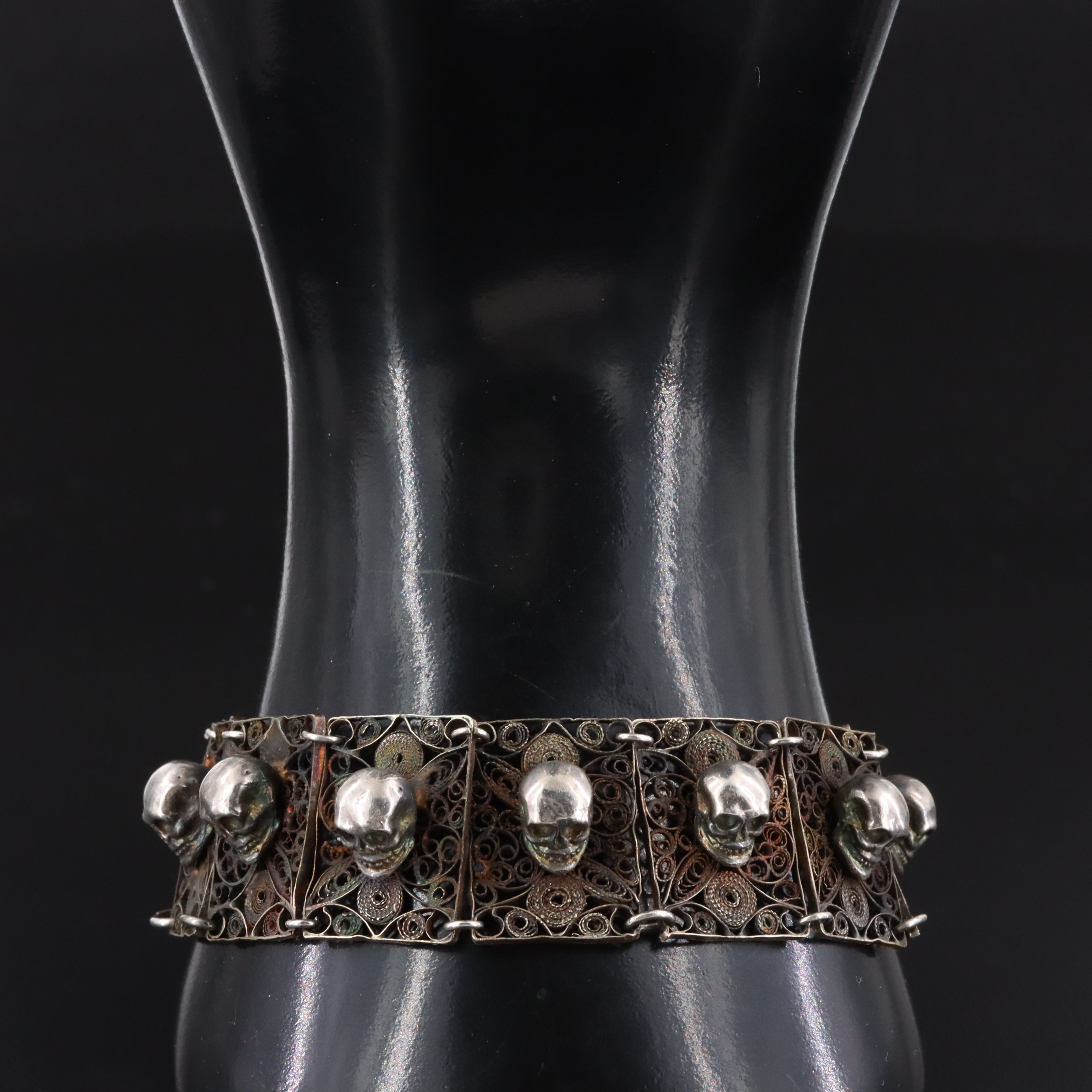 Sterling Skull and Filigree Panel Bracelet