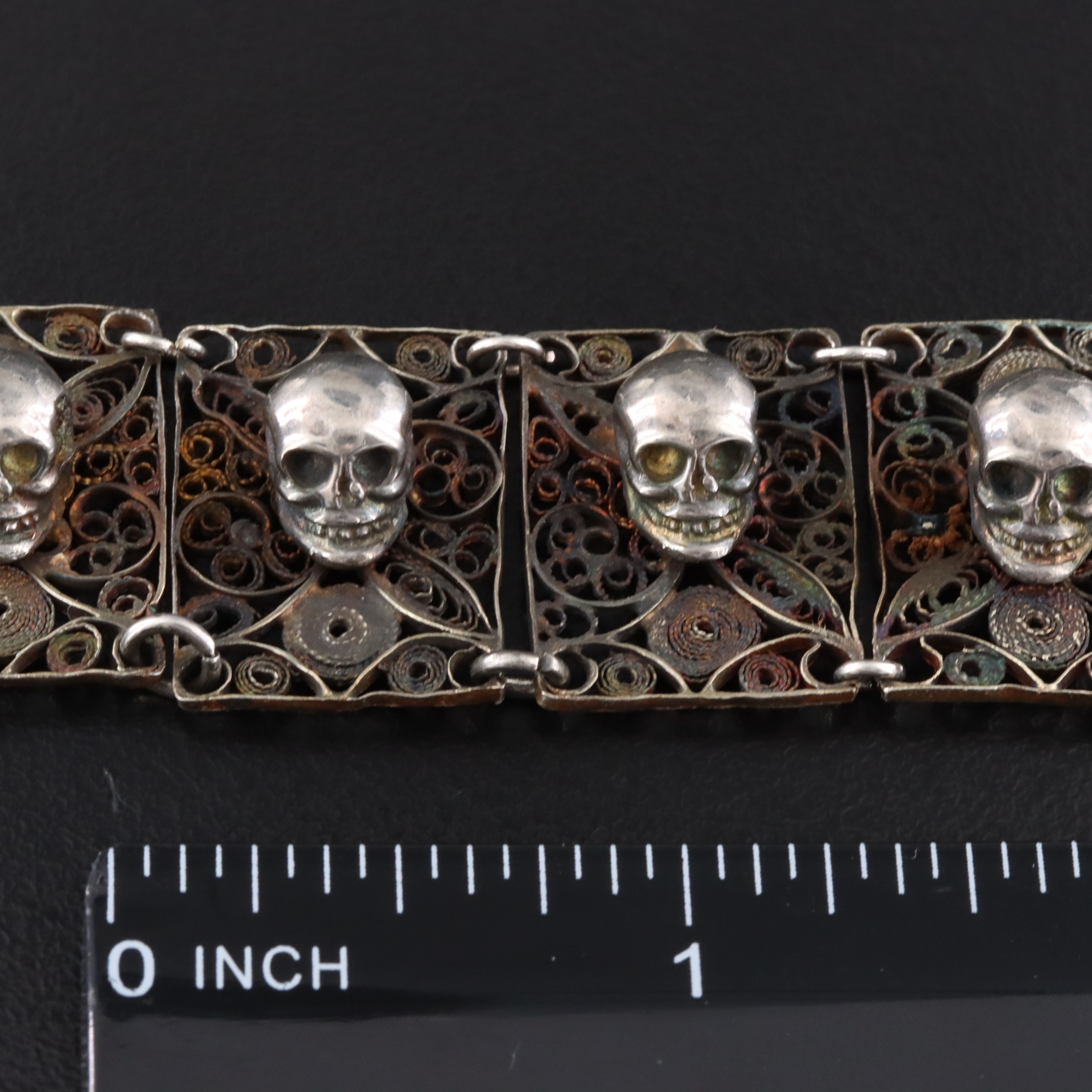 Sterling Skull and Filigree Panel Bracelet