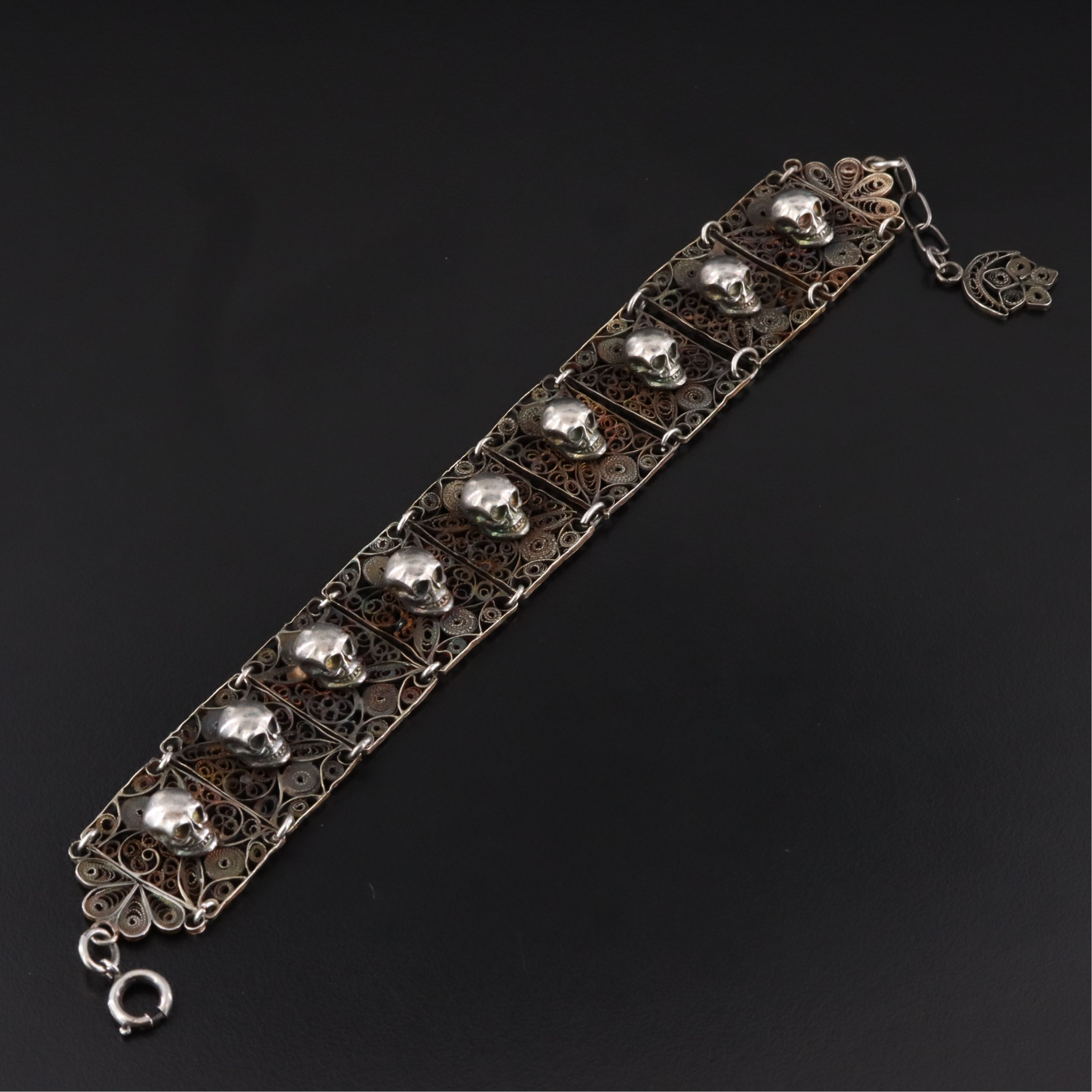 Sterling Skull and Filigree Panel Bracelet