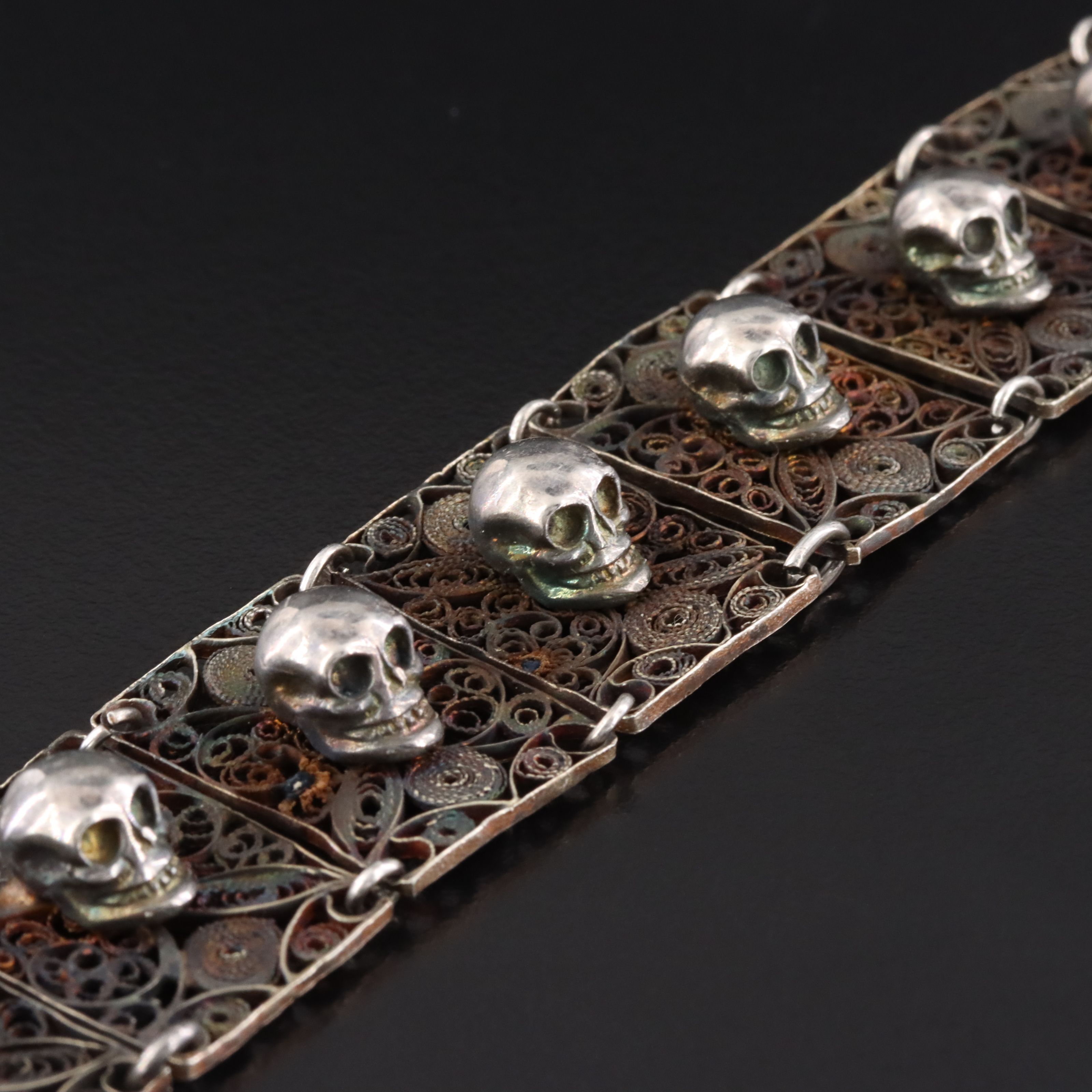 Sterling Skull and Filigree Panel Bracelet