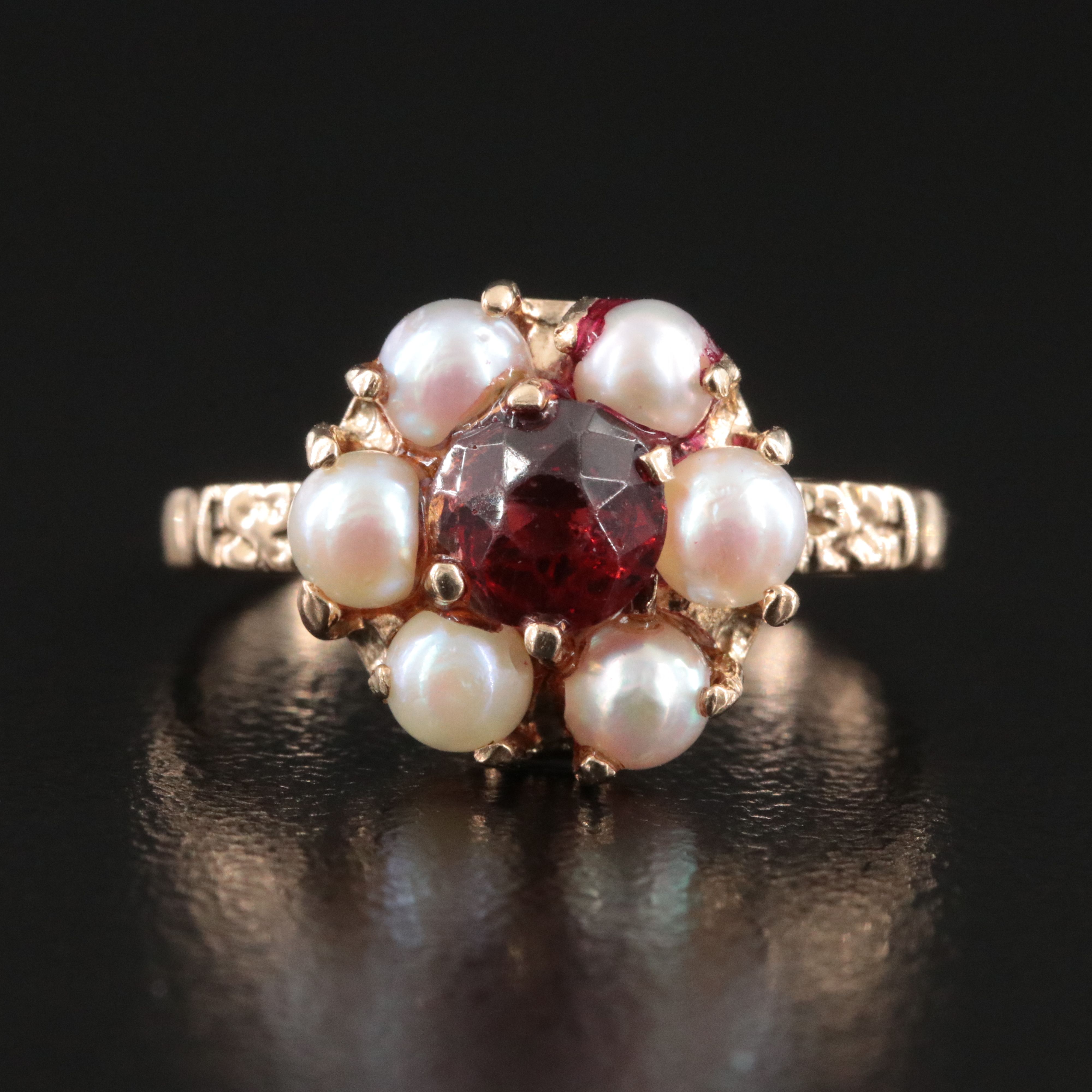 10K Garnet and Pearl Halo Ring