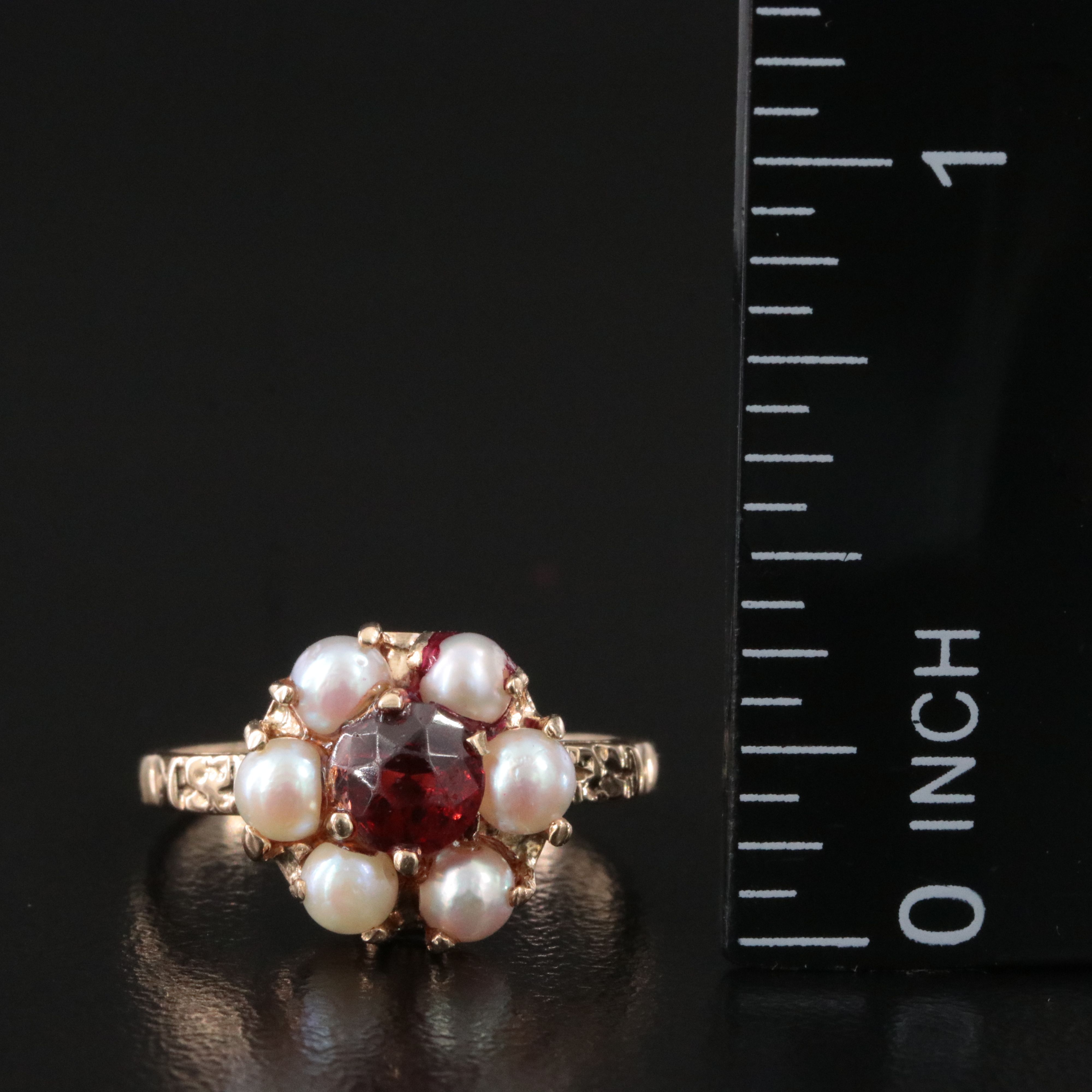 10K Garnet and Pearl Halo Ring
