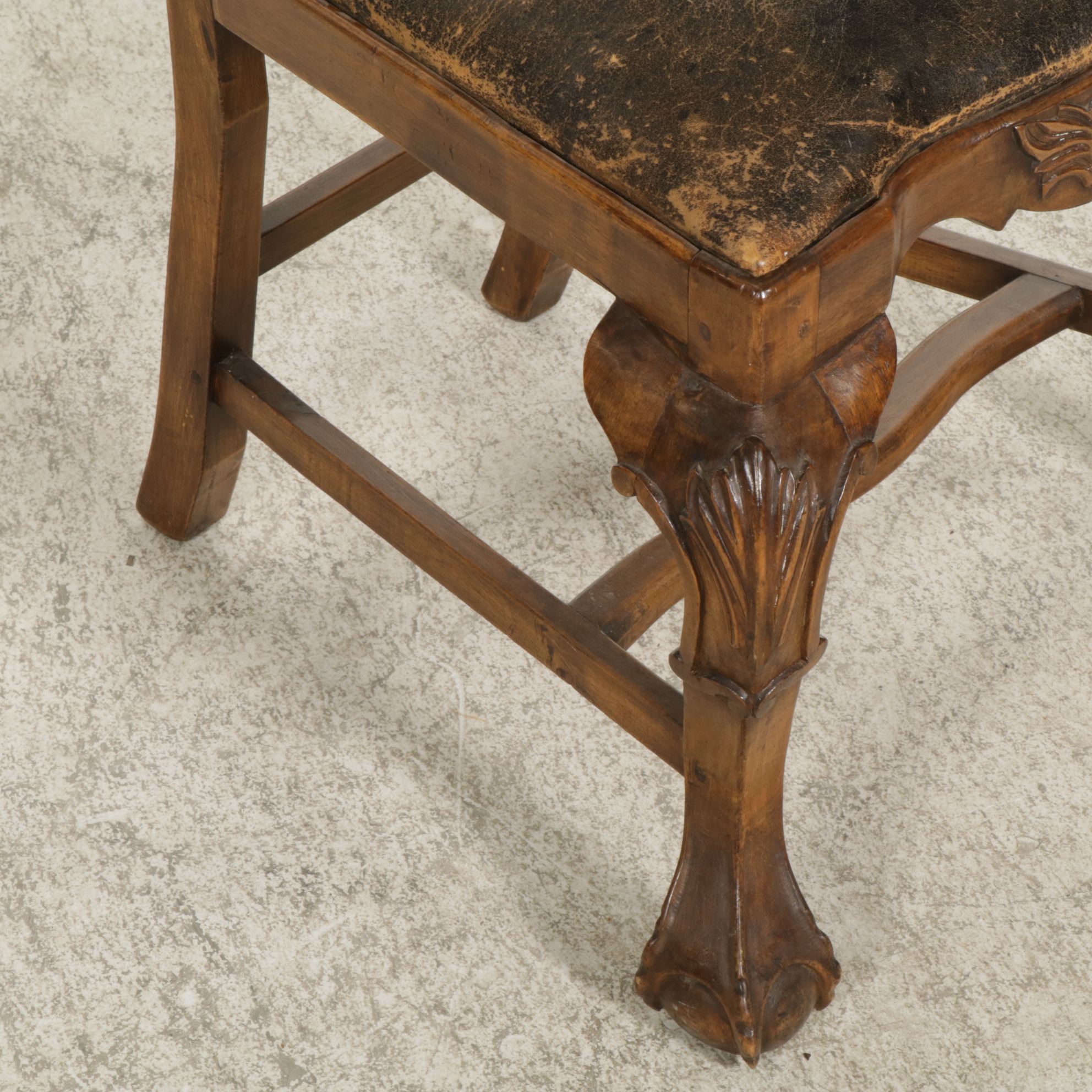 Chippendale Style Carved Wood Side Chair with Leather Seat Cushion