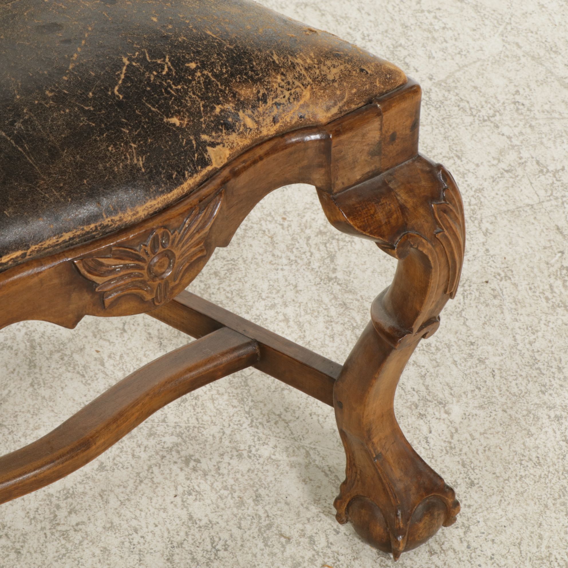 Chippendale Style Carved Wood Side Chair with Leather Seat Cushion