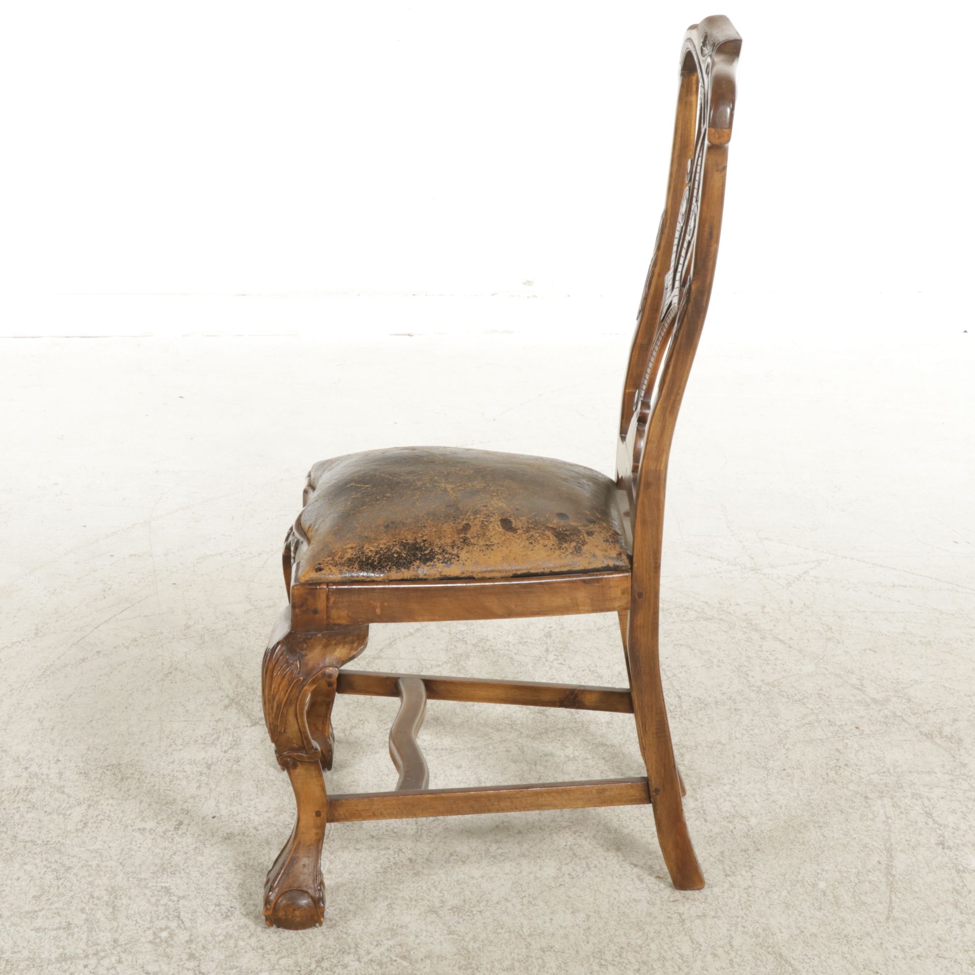 Chippendale Style Carved Wood Side Chair with Leather Seat Cushion