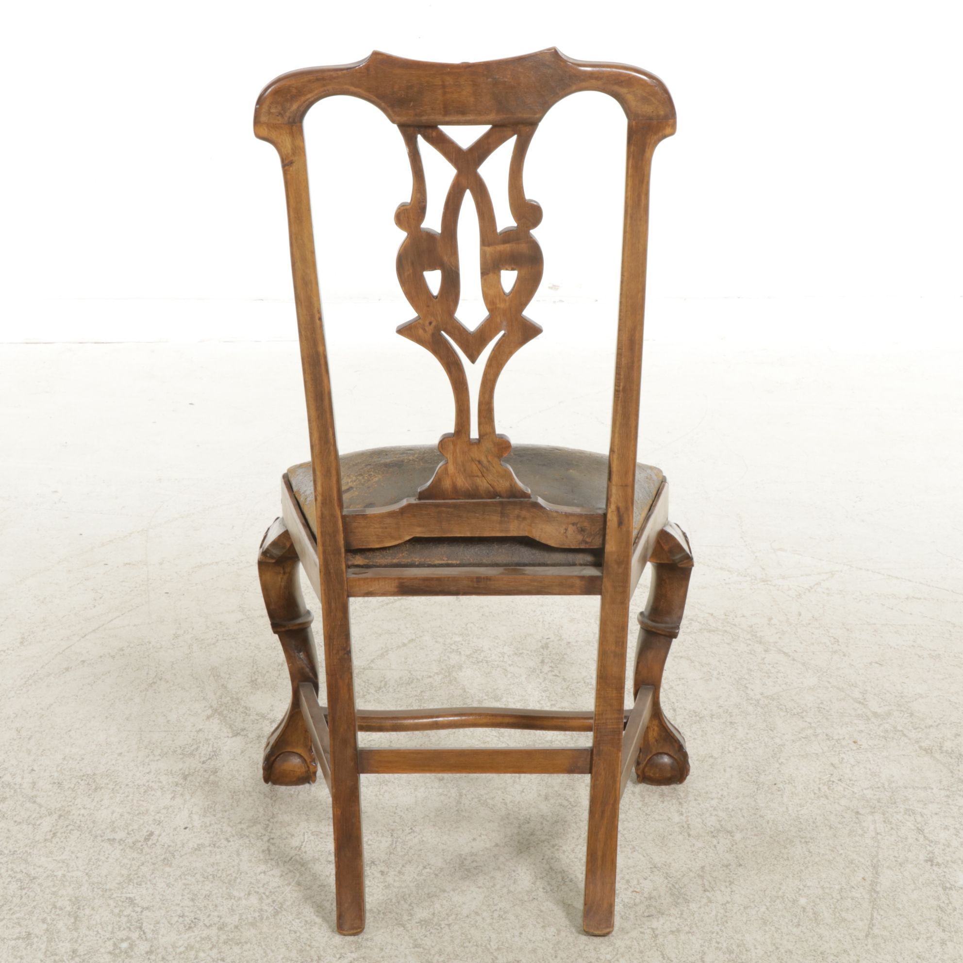 Chippendale Style Carved Wood Side Chair with Leather Seat Cushion