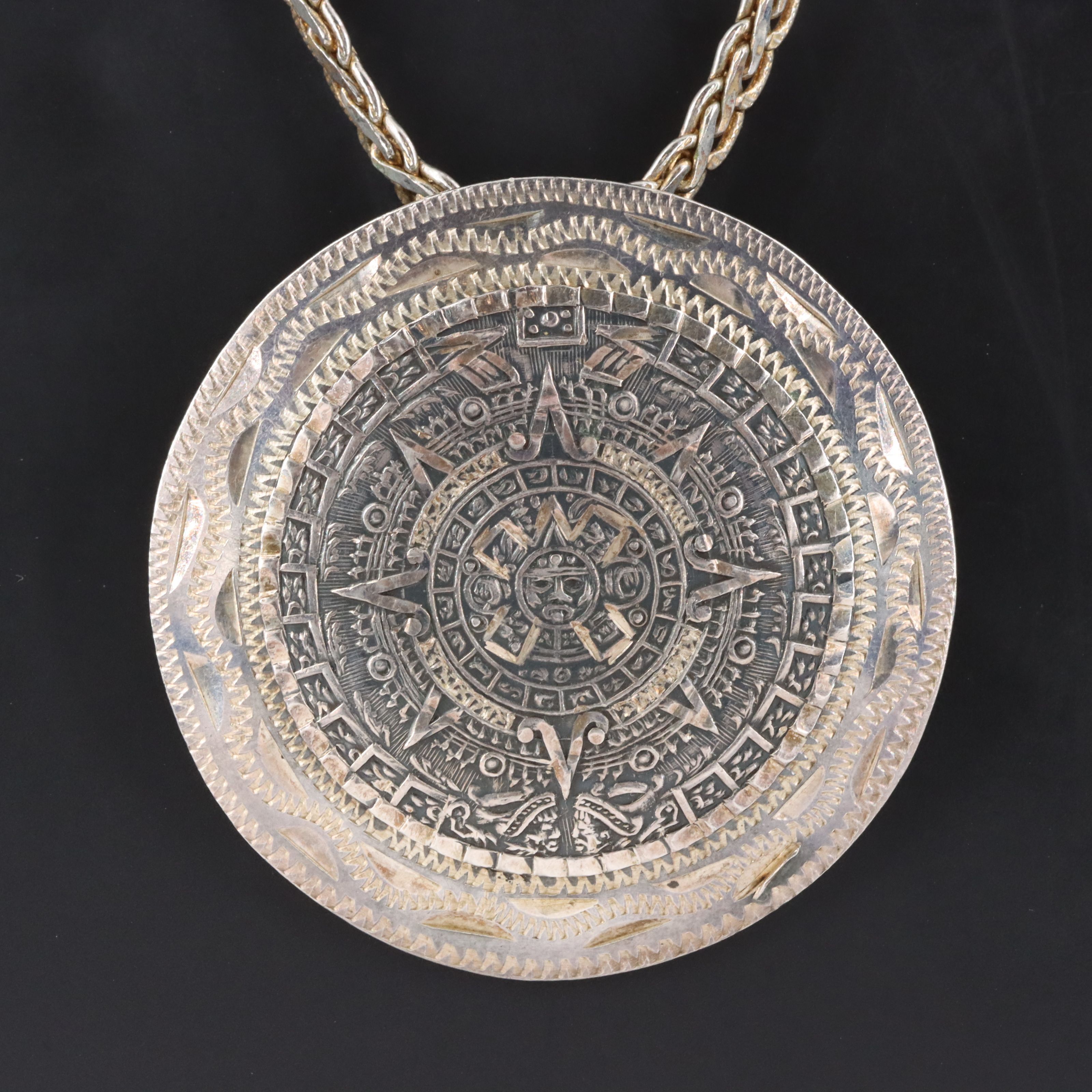 Sterling Aztec Calendar Converter Pendant Necklace