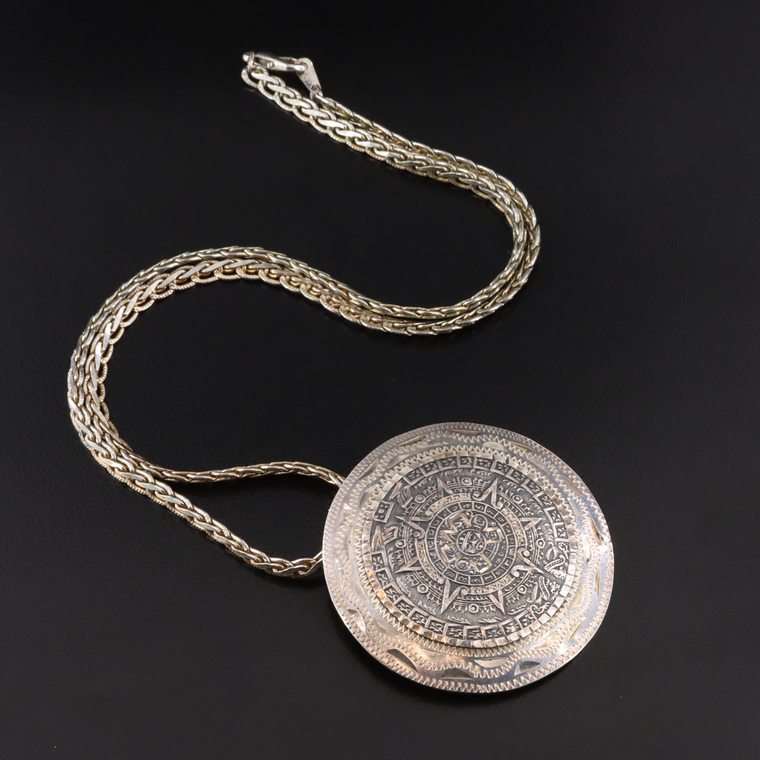 Sterling Aztec Calendar Converter Pendant Necklace