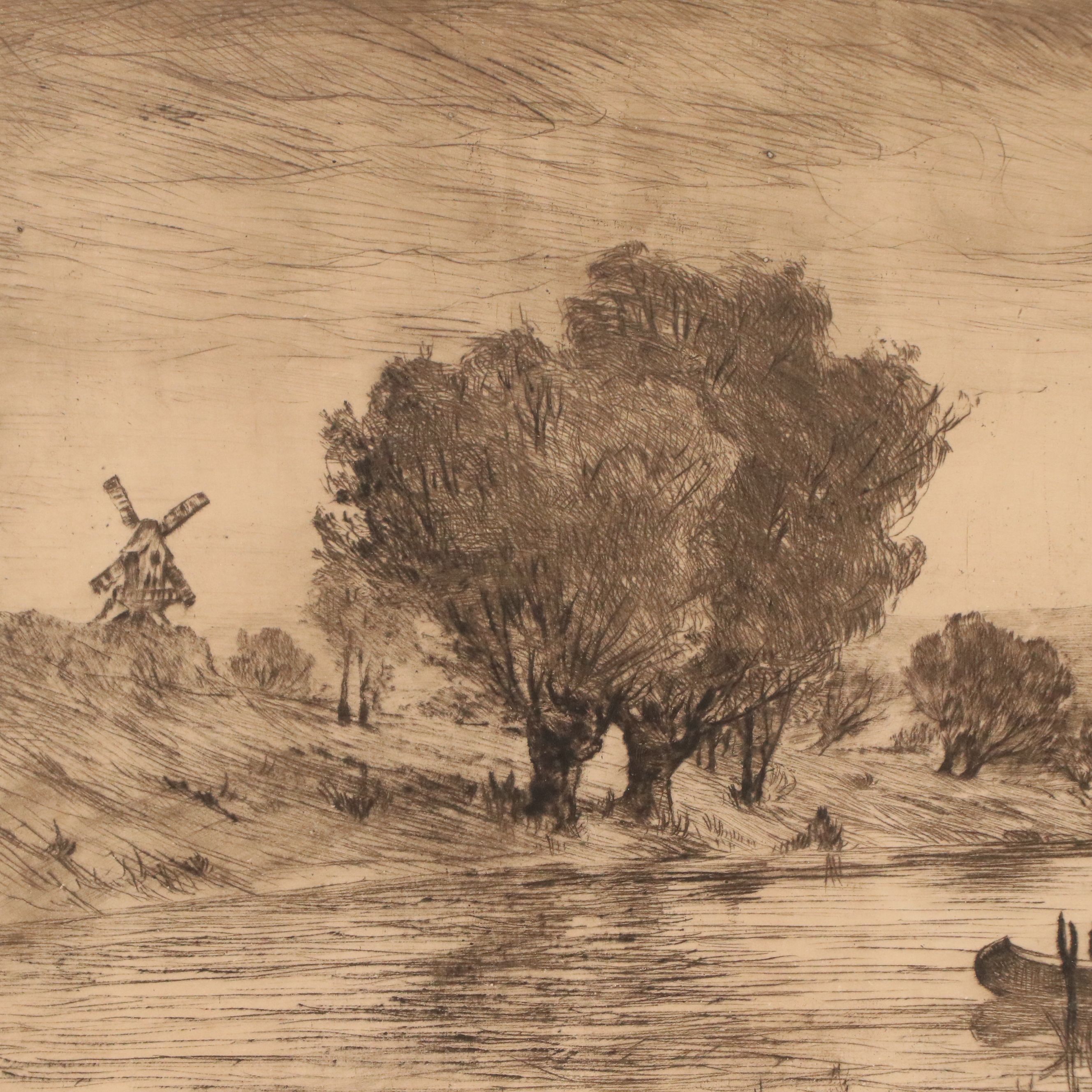 Lewis Henry Meakin Etching of European Landscape with Windmill, 19th to 20th C.