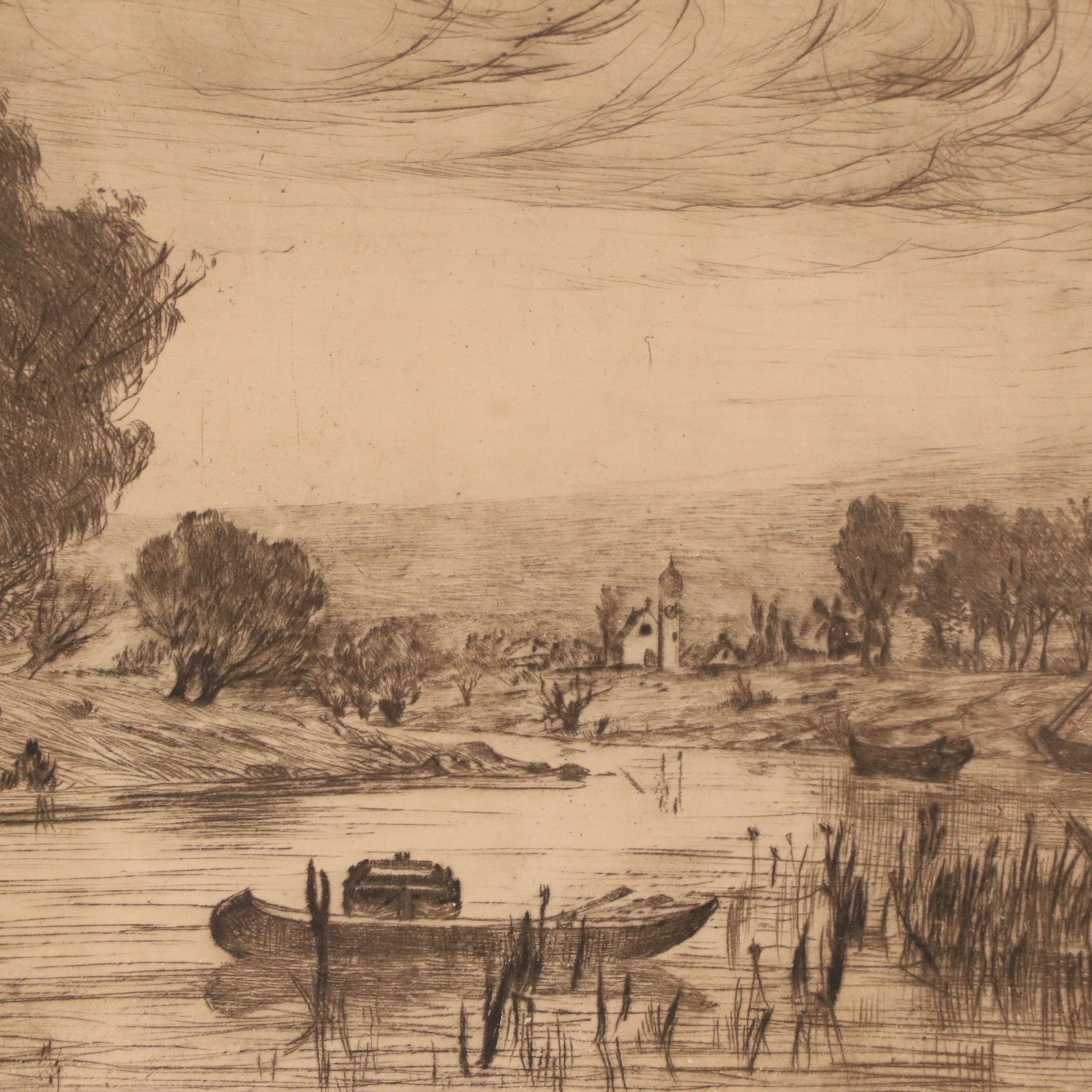 Lewis Henry Meakin Etching of European Landscape with Windmill, 19th to 20th C.