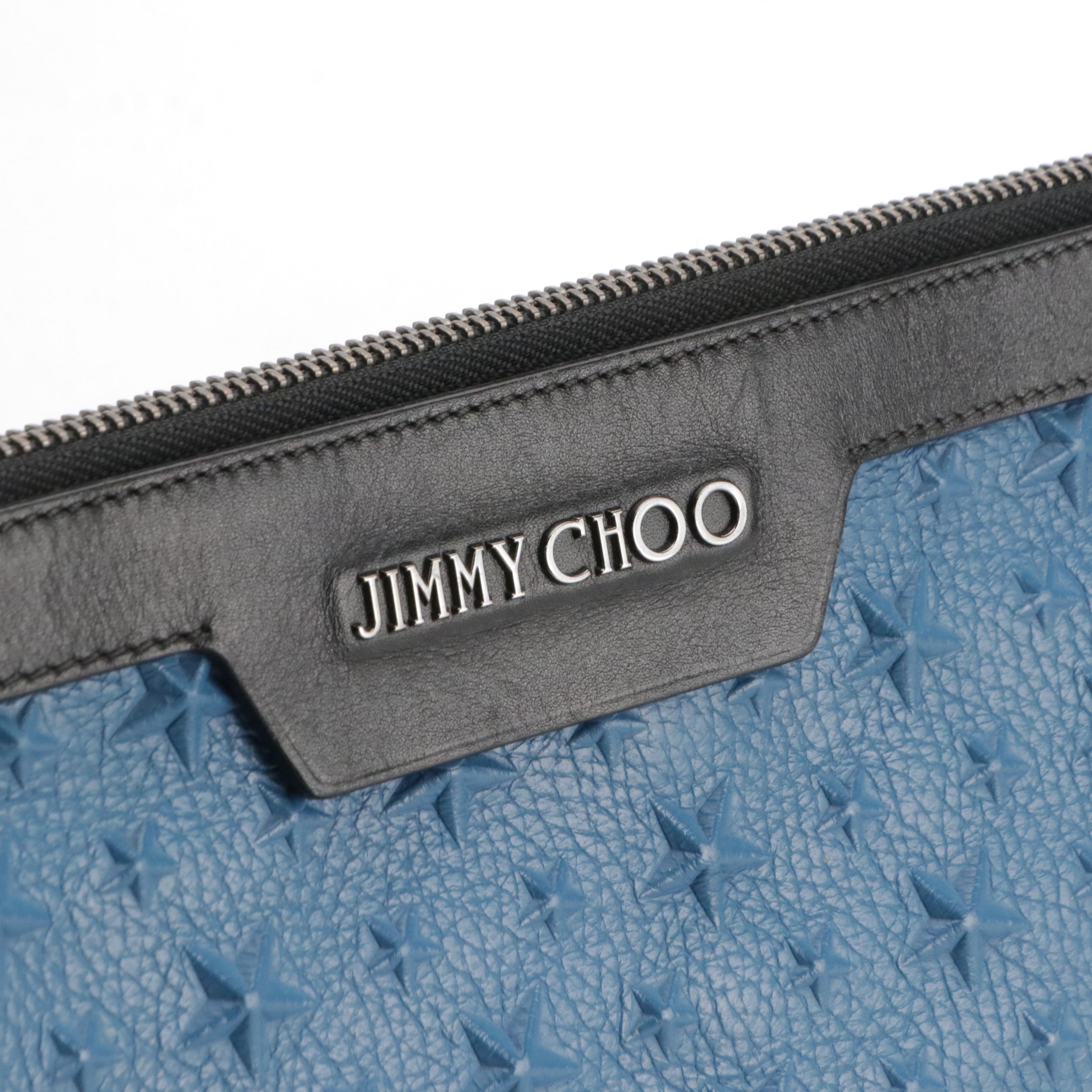 Jimmy Choo Derek Zip Clutch in Blue Star Embossed and Black Leather Trim