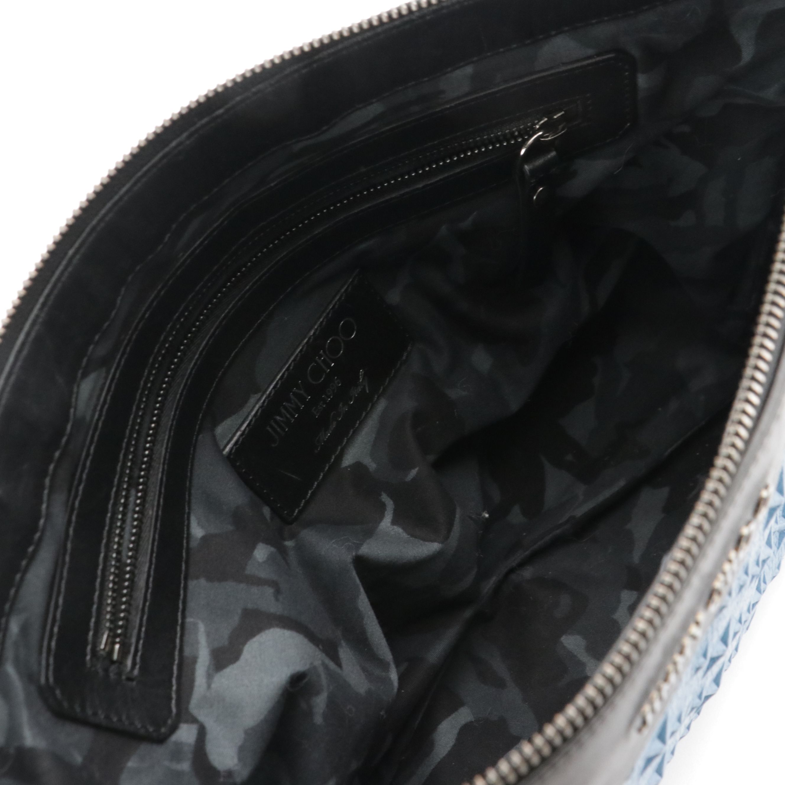 Jimmy Choo Derek Zip Clutch in Blue Star Embossed and Black Leather Trim
