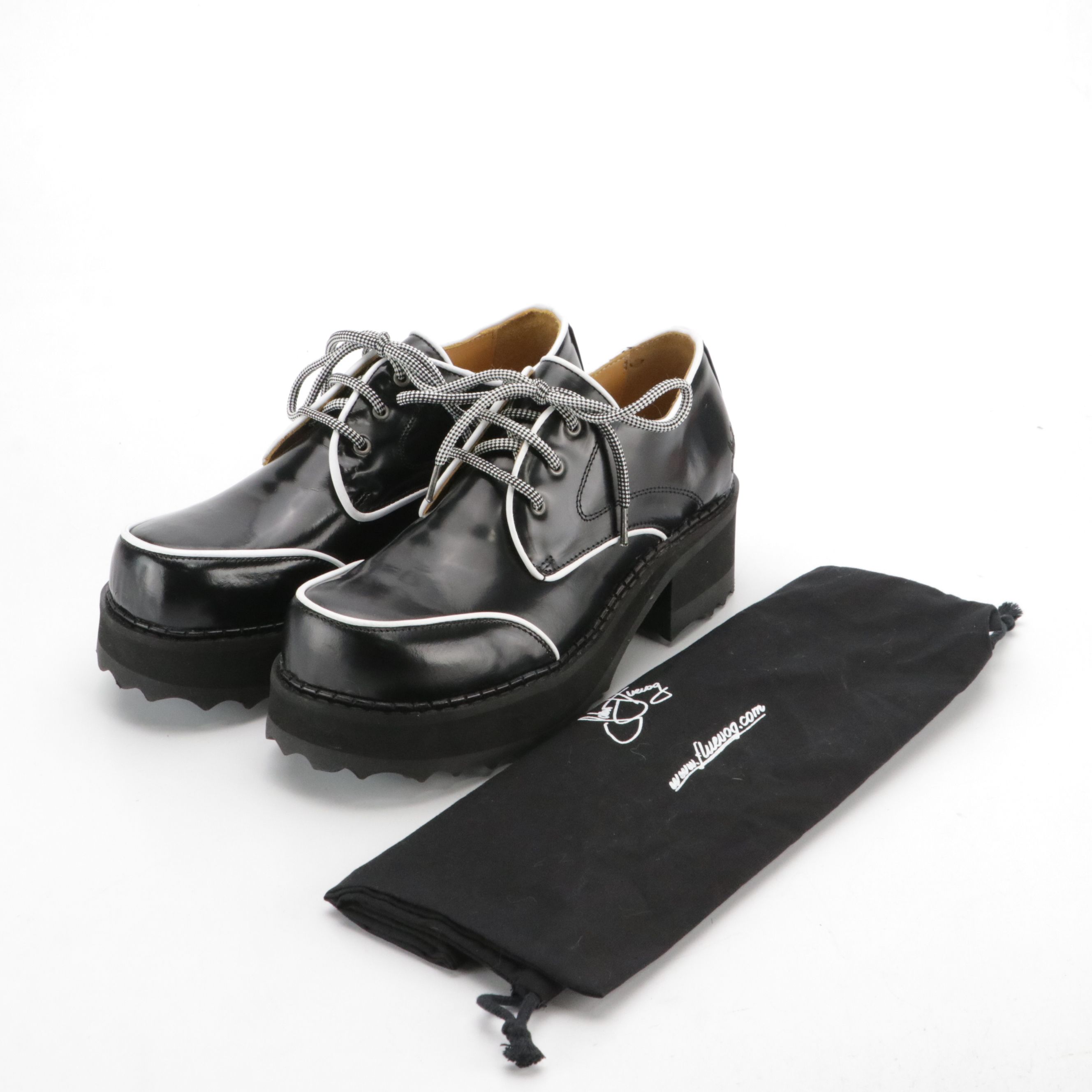 John Fluevog Yrsa Platform Shoes in Black and White Leather