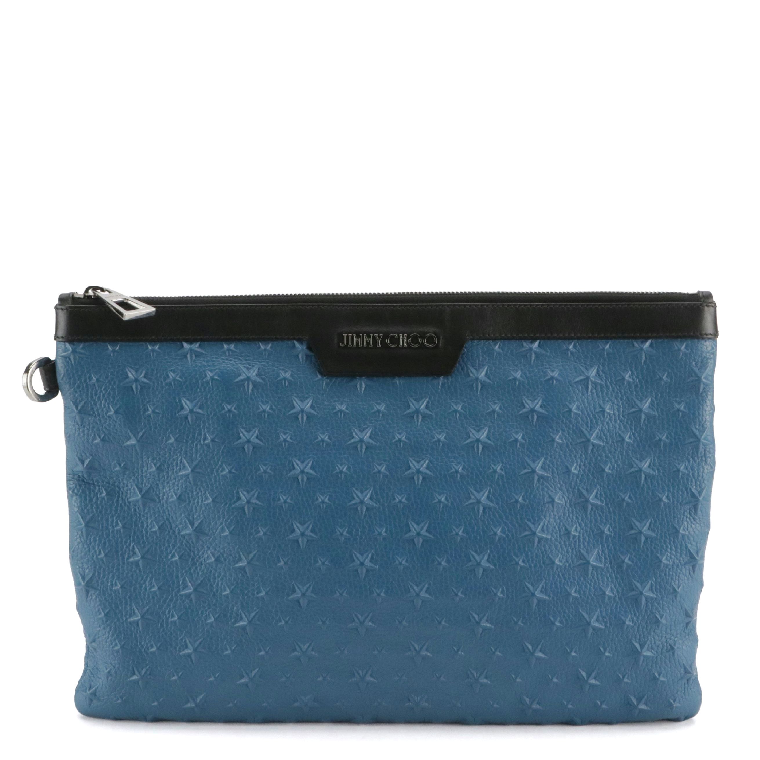 Jimmy Choo Derek Zip Clutch in Blue Star Embossed and Black Leather Trim