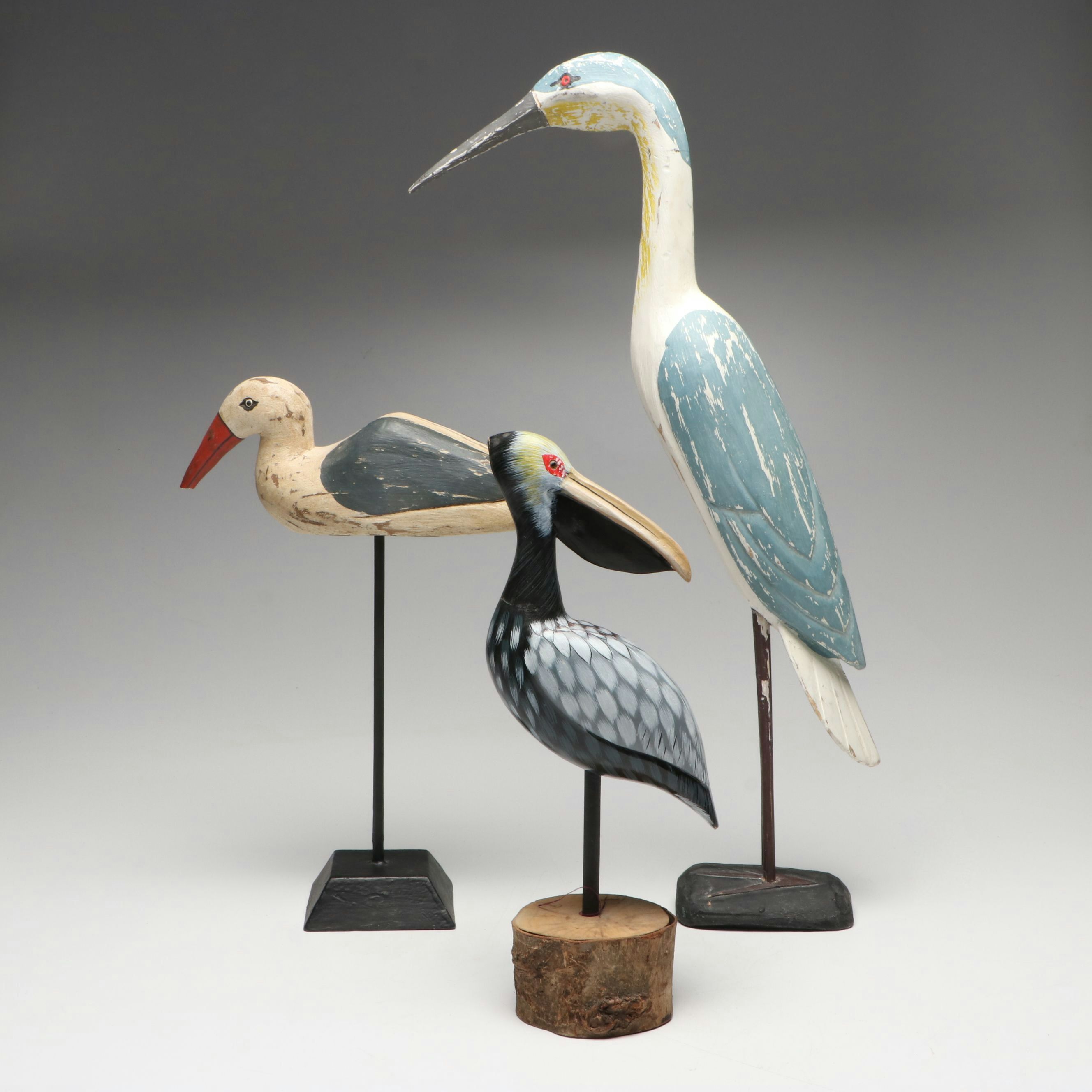 Hand-Painted Carved Wood Heron and More Bird Sculptures