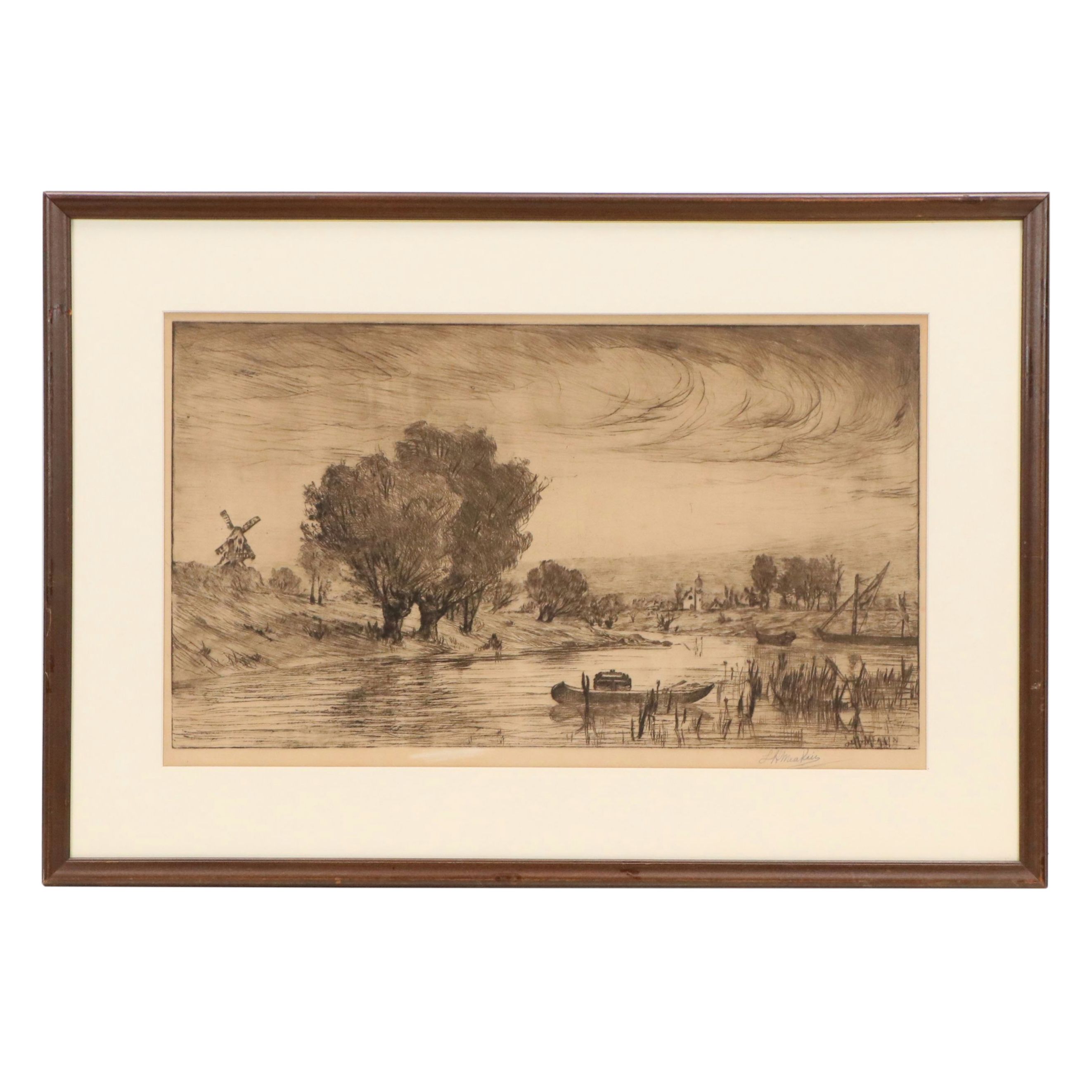 Lewis Henry Meakin Etching of European Landscape with Windmill, 19th to 20th C.