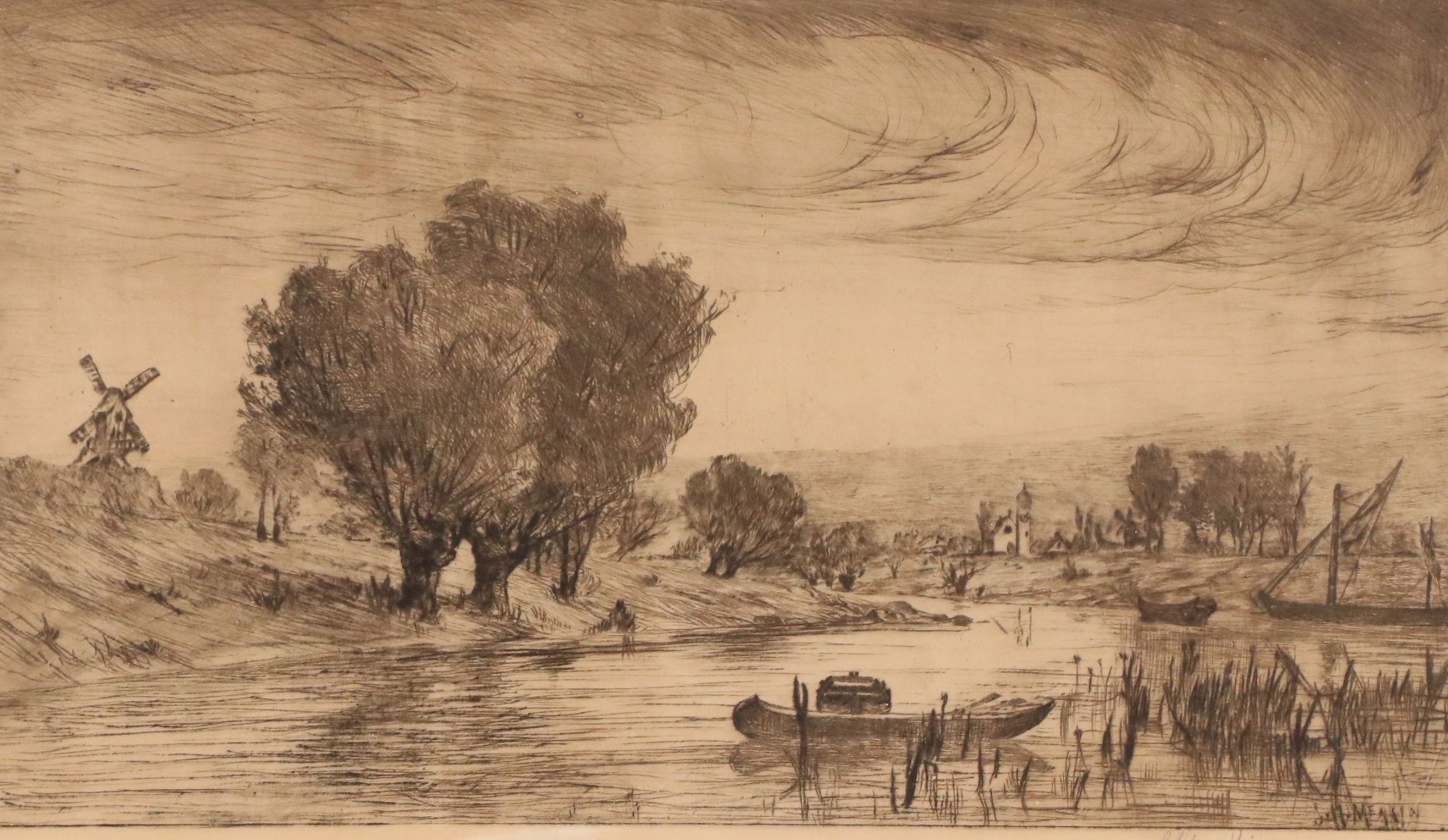 Lewis Henry Meakin Etching of European Landscape with Windmill, 19th to 20th C.