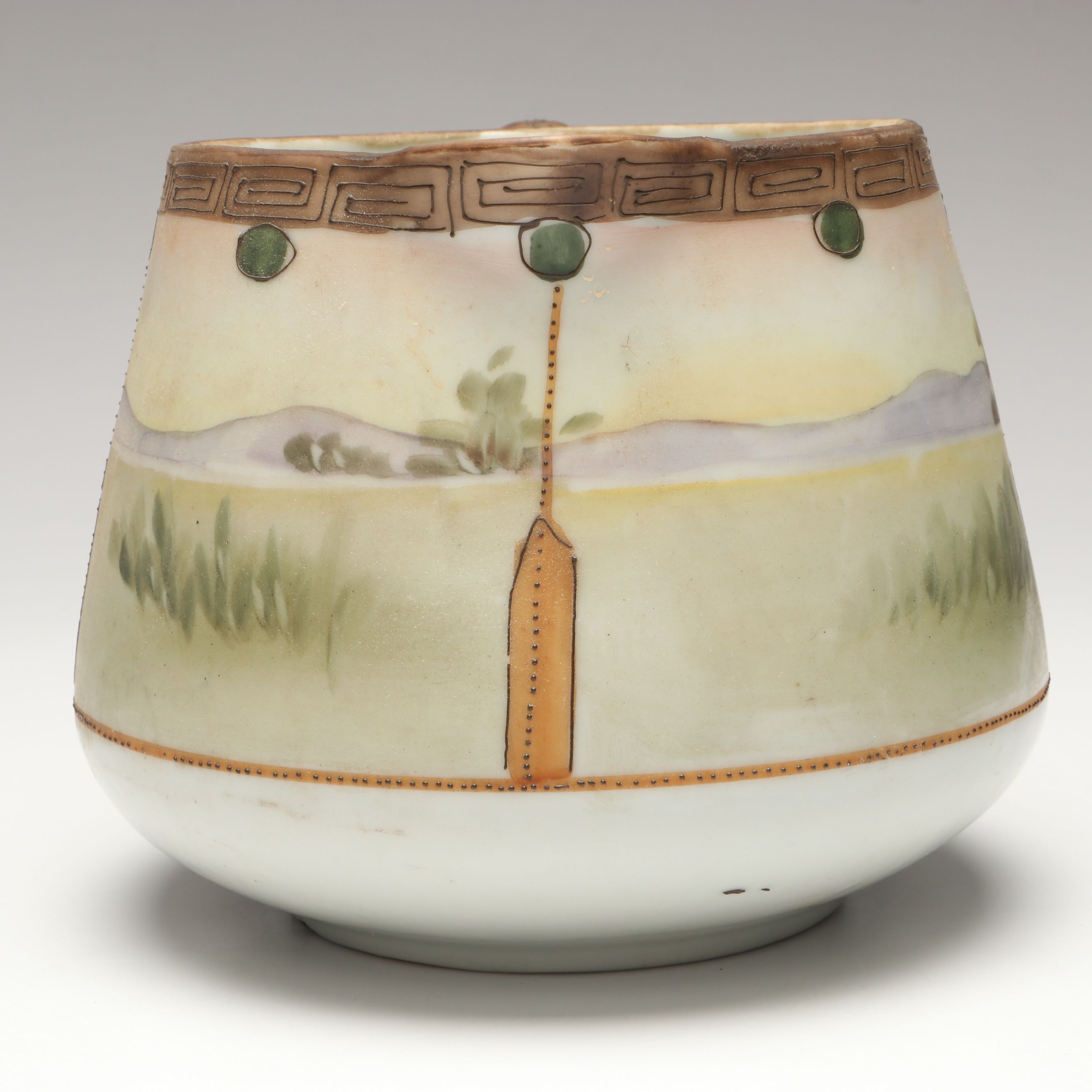 Japanese Export Hand-Painted Porcelain Landscape Pitcher, Early 20th Century