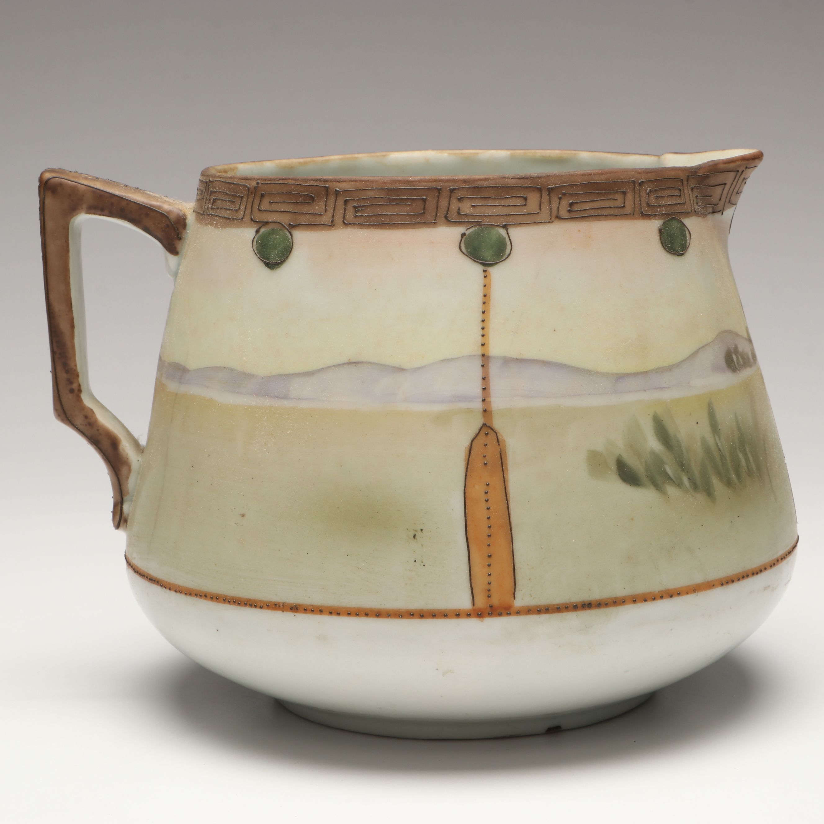 Japanese Export Hand-Painted Porcelain Landscape Pitcher, Early 20th Century