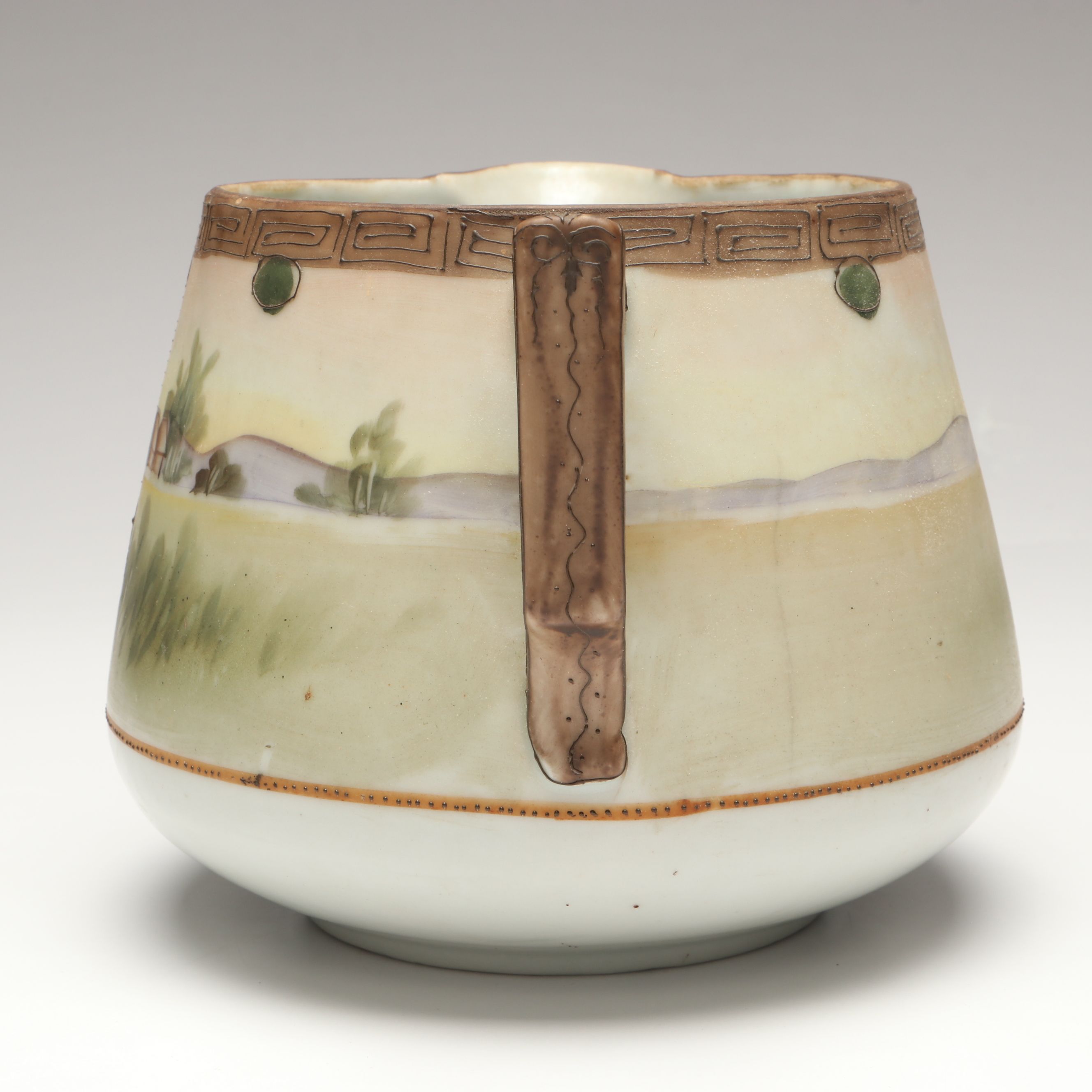 Japanese Export Hand-Painted Porcelain Landscape Pitcher, Early 20th Century