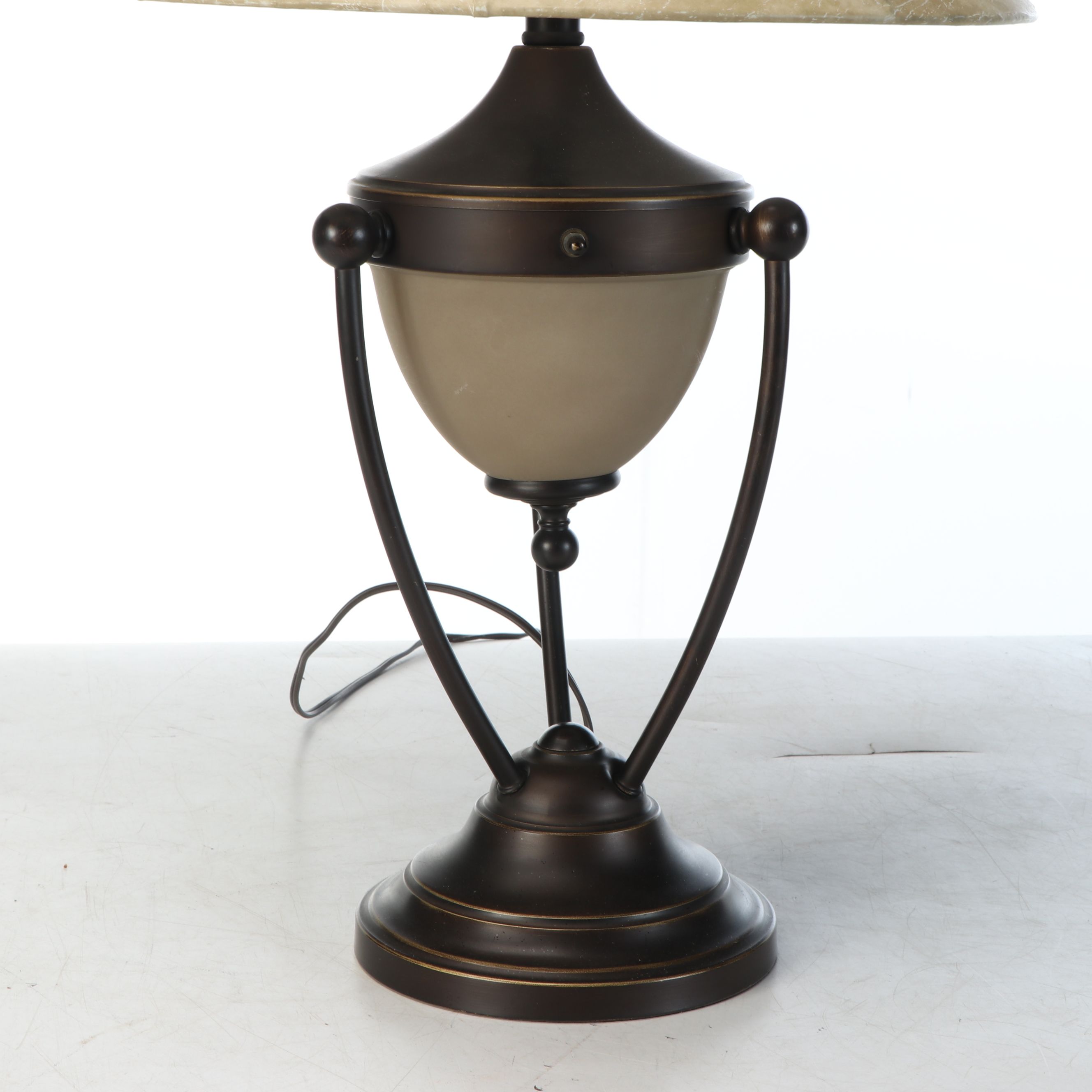 Oil Rubbed Bronze and Satin Glass Table Lamp with Faux Hide Bell Shade