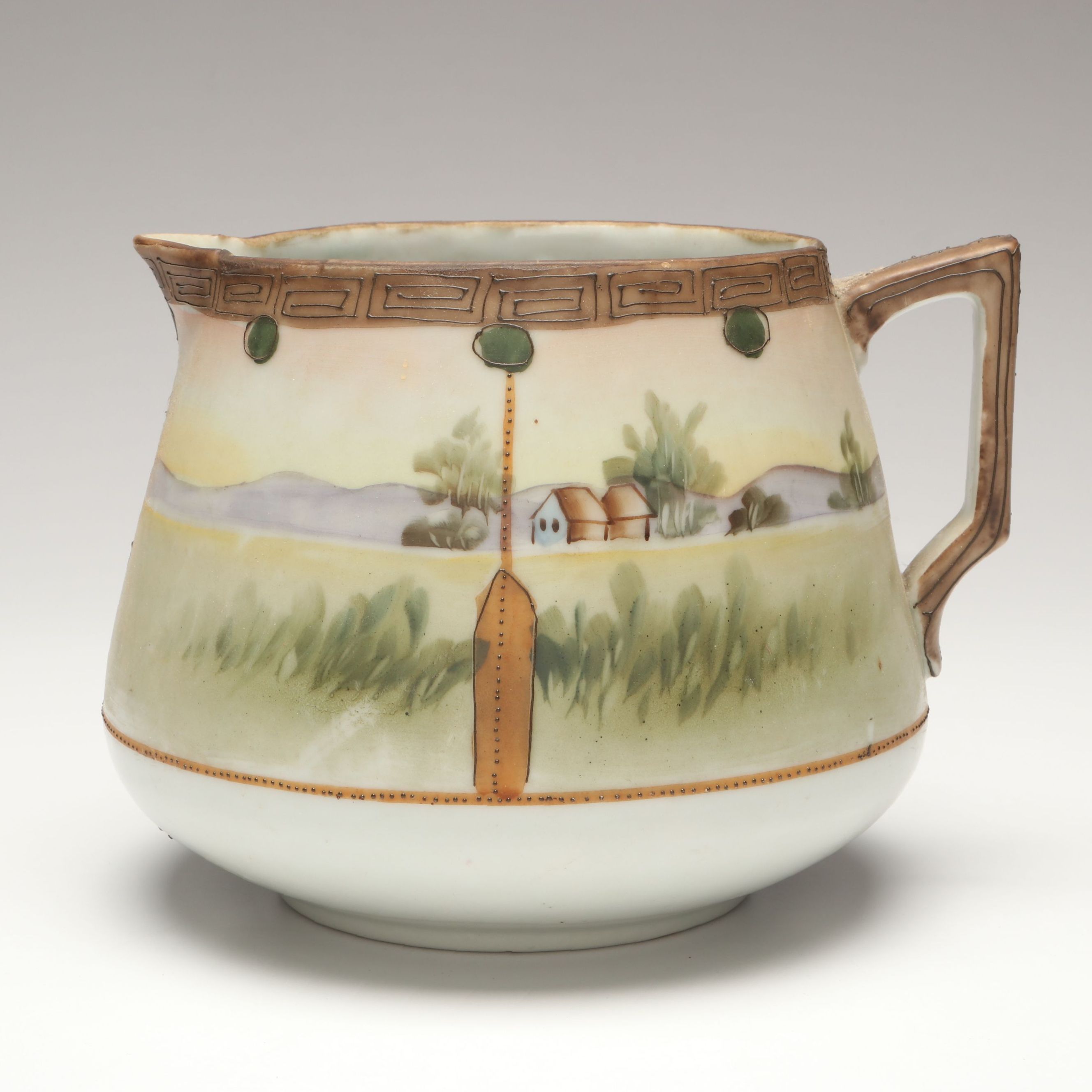 Japanese Export Hand-Painted Porcelain Landscape Pitcher, Early 20th Century