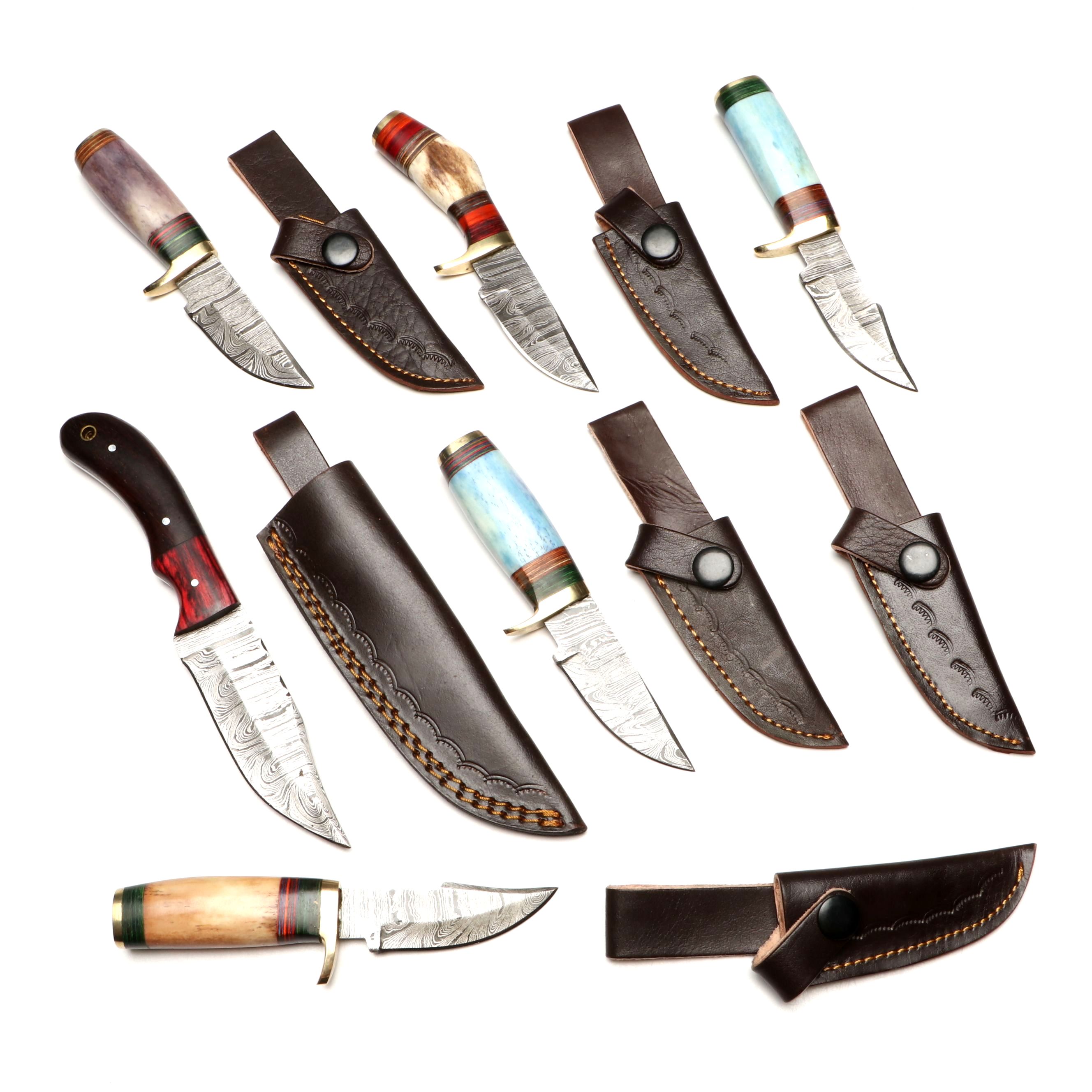 Damascus Steel Skinner and Hunting Knives in Leather Scabbards