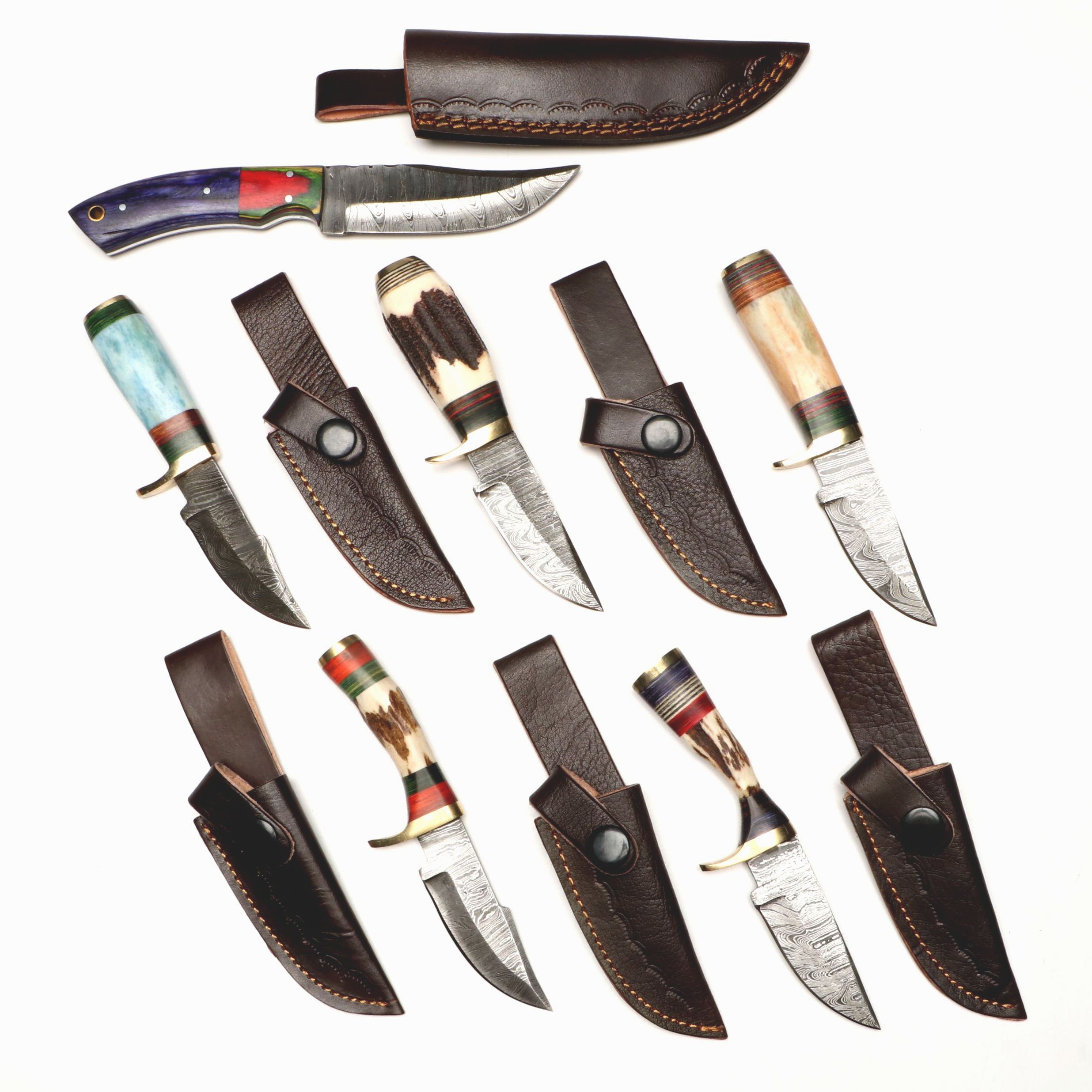 Damascus Steel Skinner and Hunting Knives in Leather Scabbards