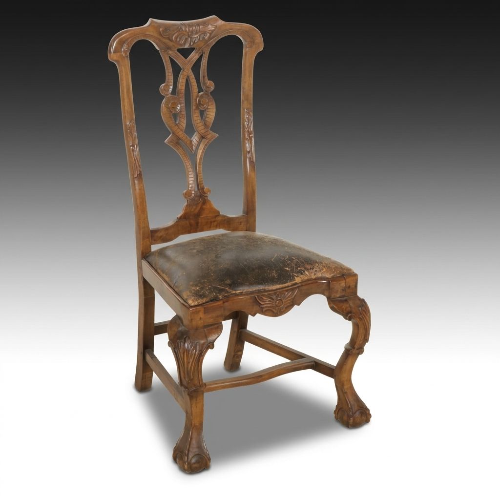 Chippendale Style Carved Wood Side Chair with Leather Seat Cushion