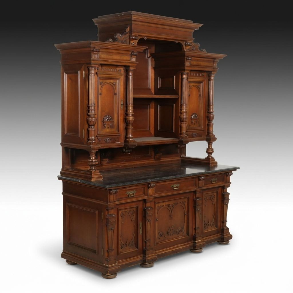 Victorian Walnut Marble Top Sideboard and Hutch, Early 20th Century