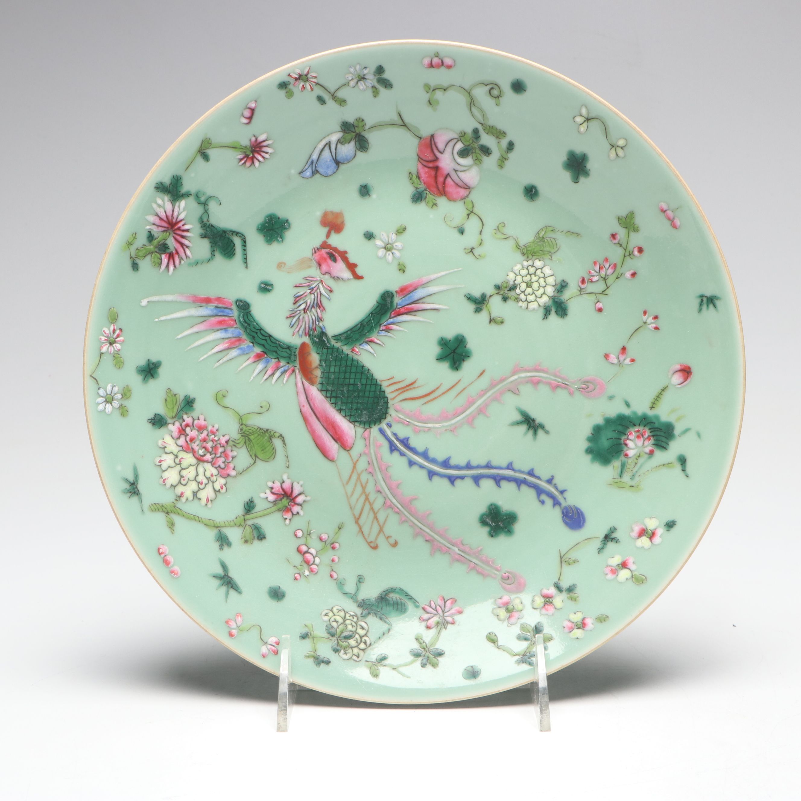 Pair of Chinese Export Porcelain Celadon Famille Rose Plates