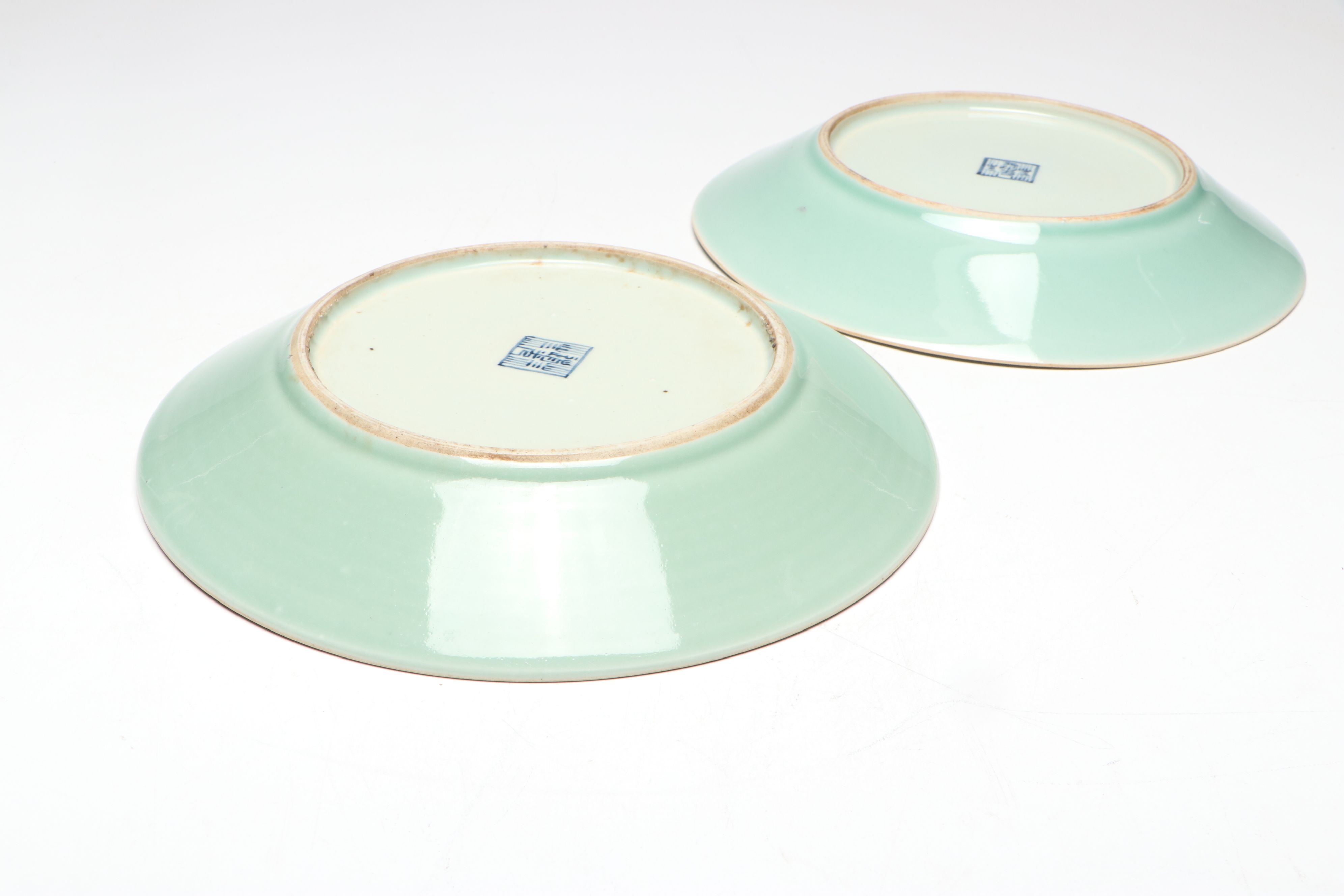 Pair of Chinese Export Porcelain Celadon Famille Rose Plates