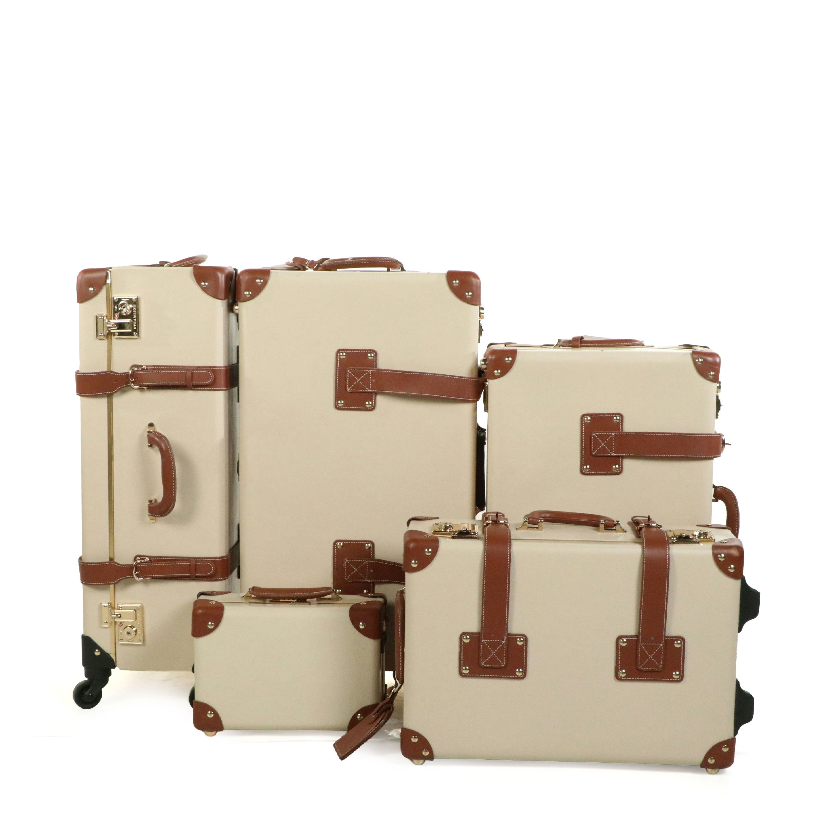 Steamline "The Diplomat" Five-Piece Trunk Luggage Set in Cream and Brown Leather