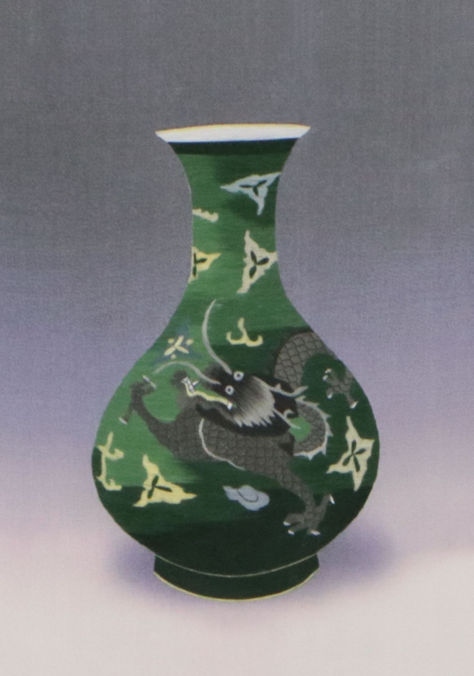 Chinese School Embroidery of Green Vase with Dragon Motif