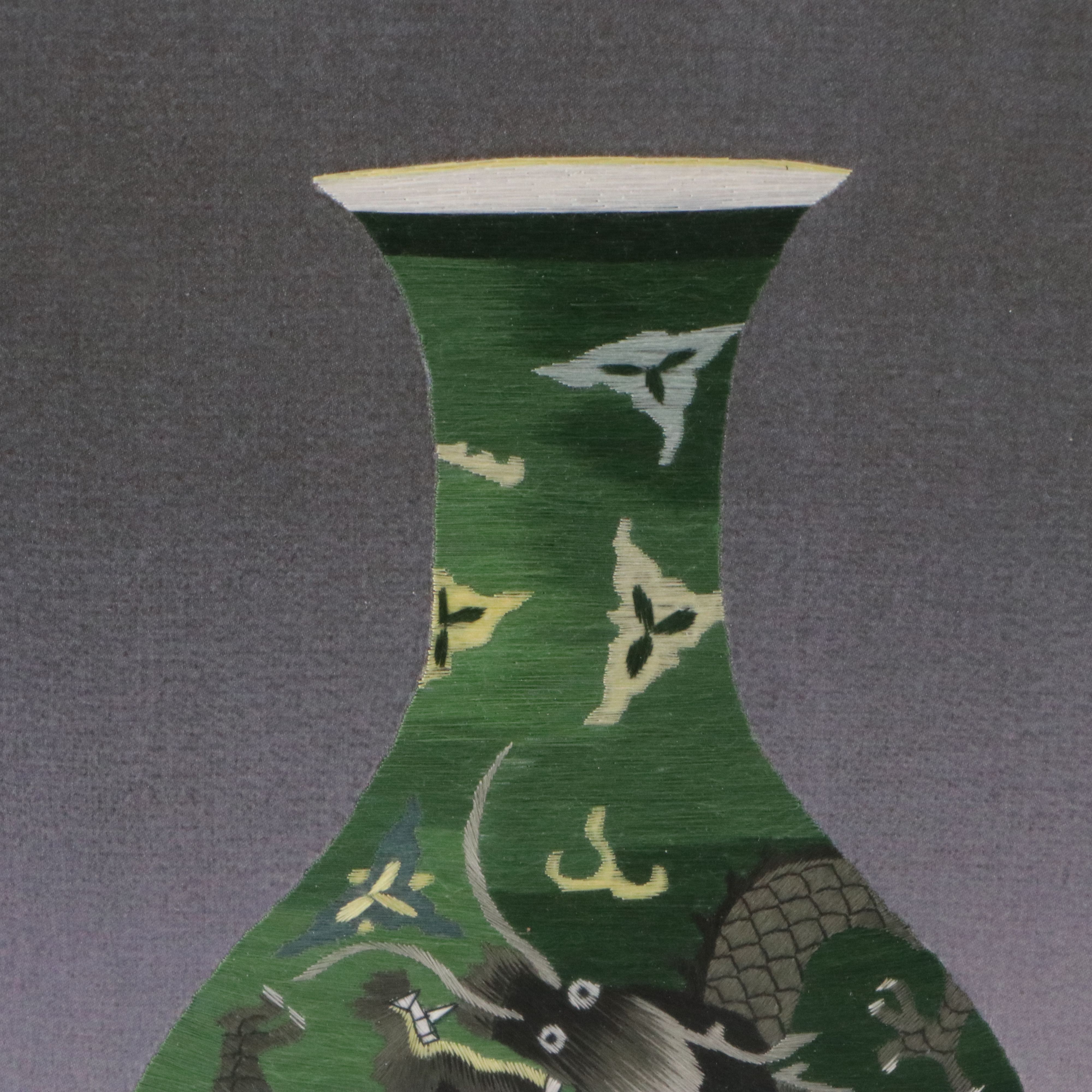 Chinese School Embroidery of Green Vase with Dragon Motif