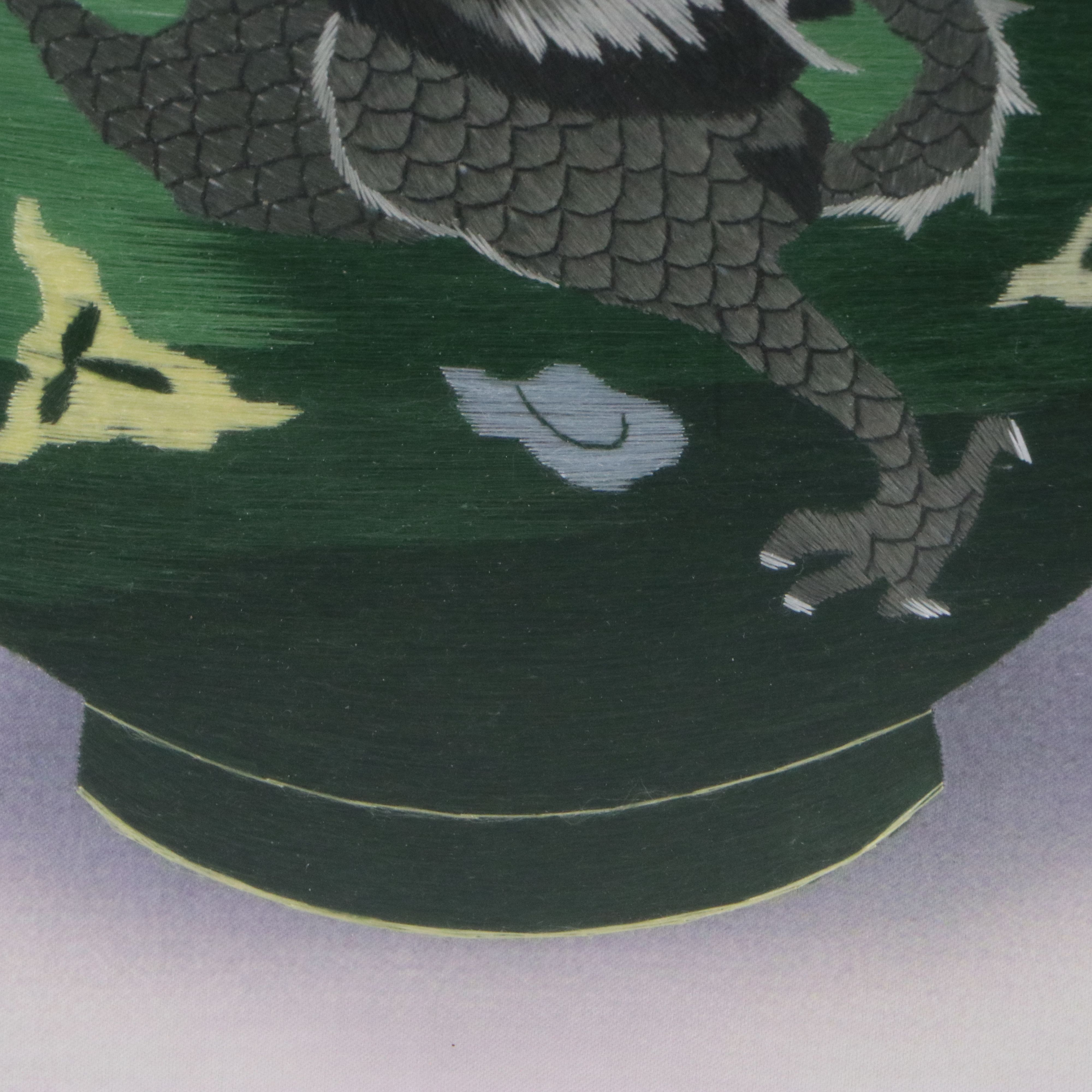Chinese School Embroidery of Green Vase with Dragon Motif