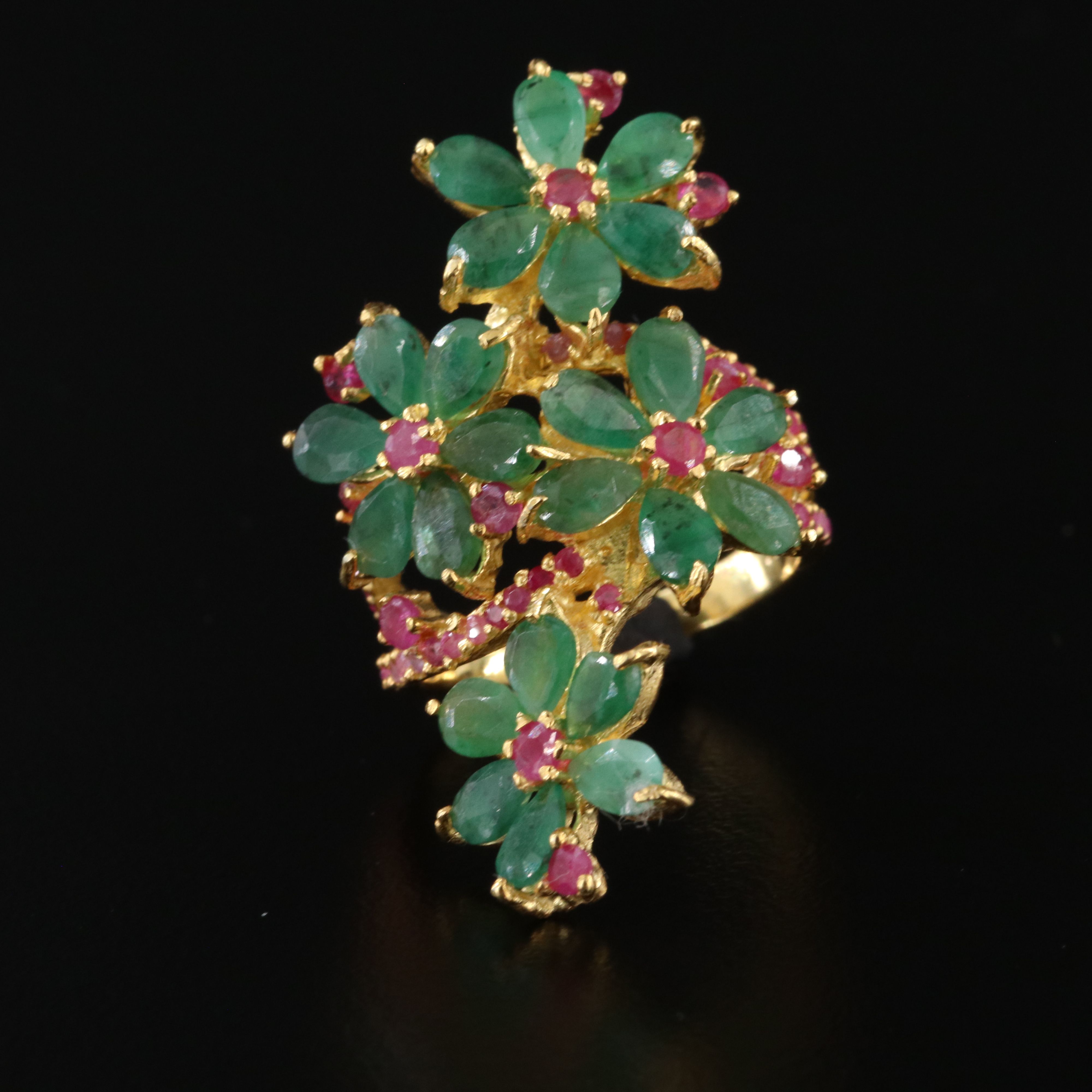 Sterling Emerald and Ruby Floral Bypass Ring