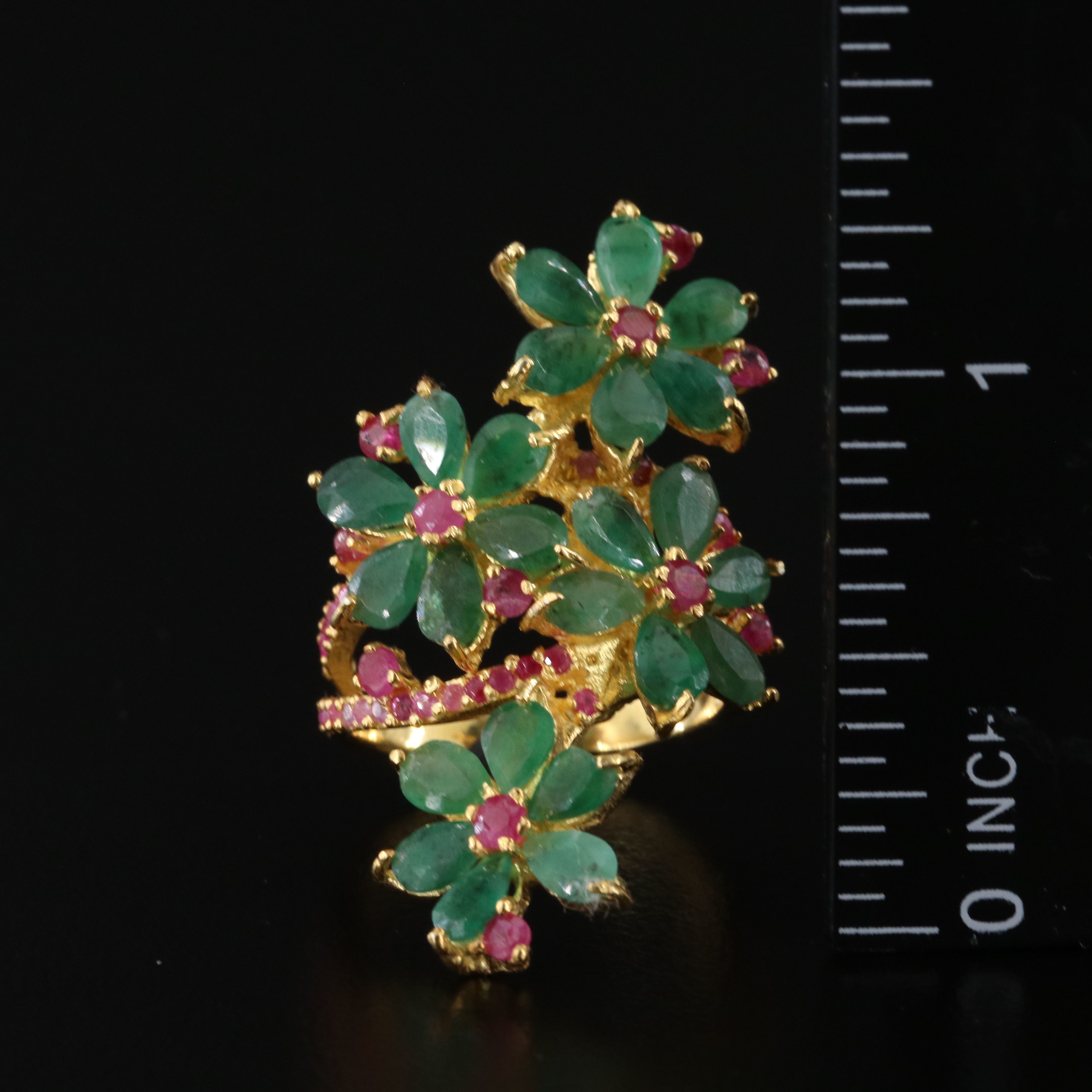 Sterling Emerald and Ruby Floral Bypass Ring