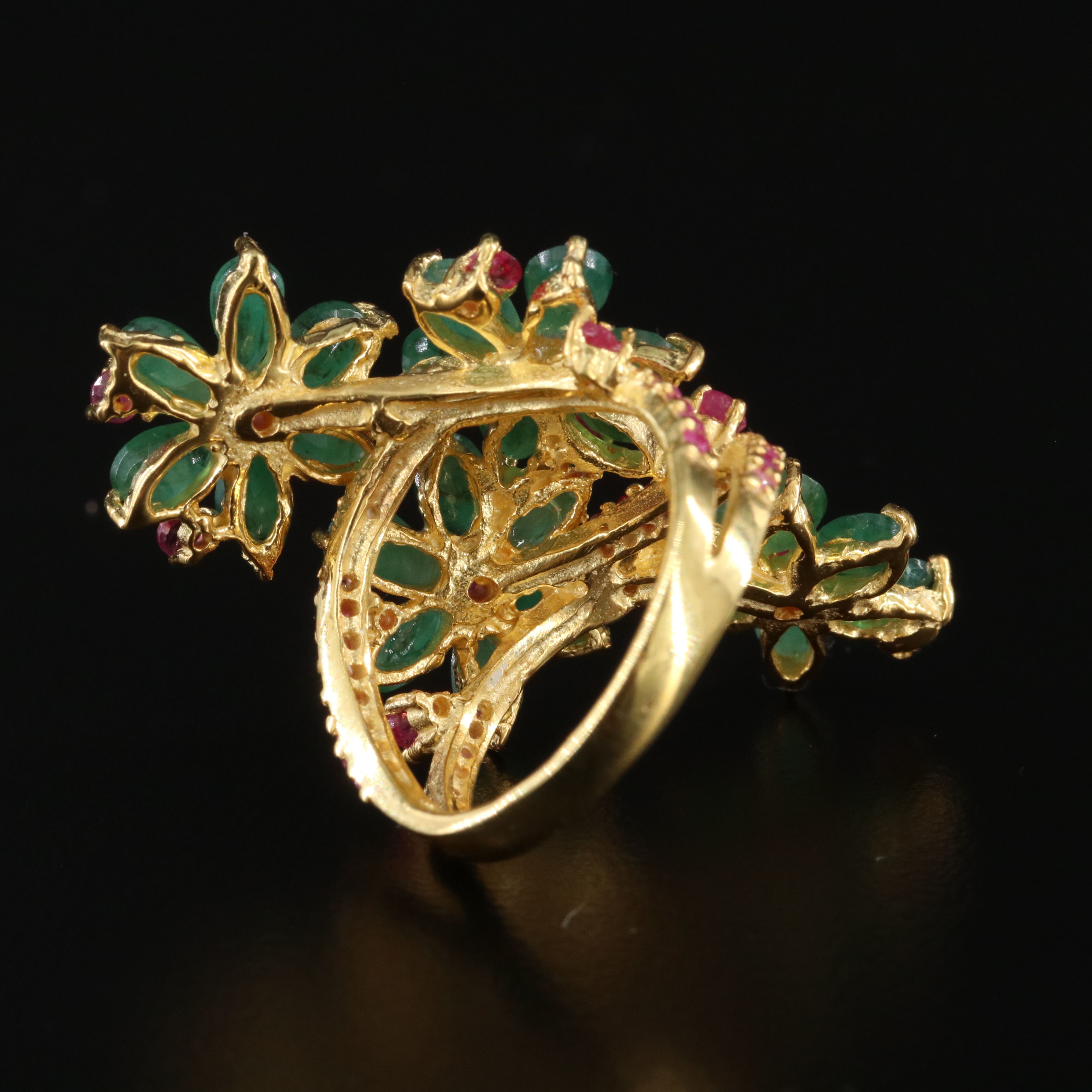 Sterling Emerald and Ruby Floral Bypass Ring