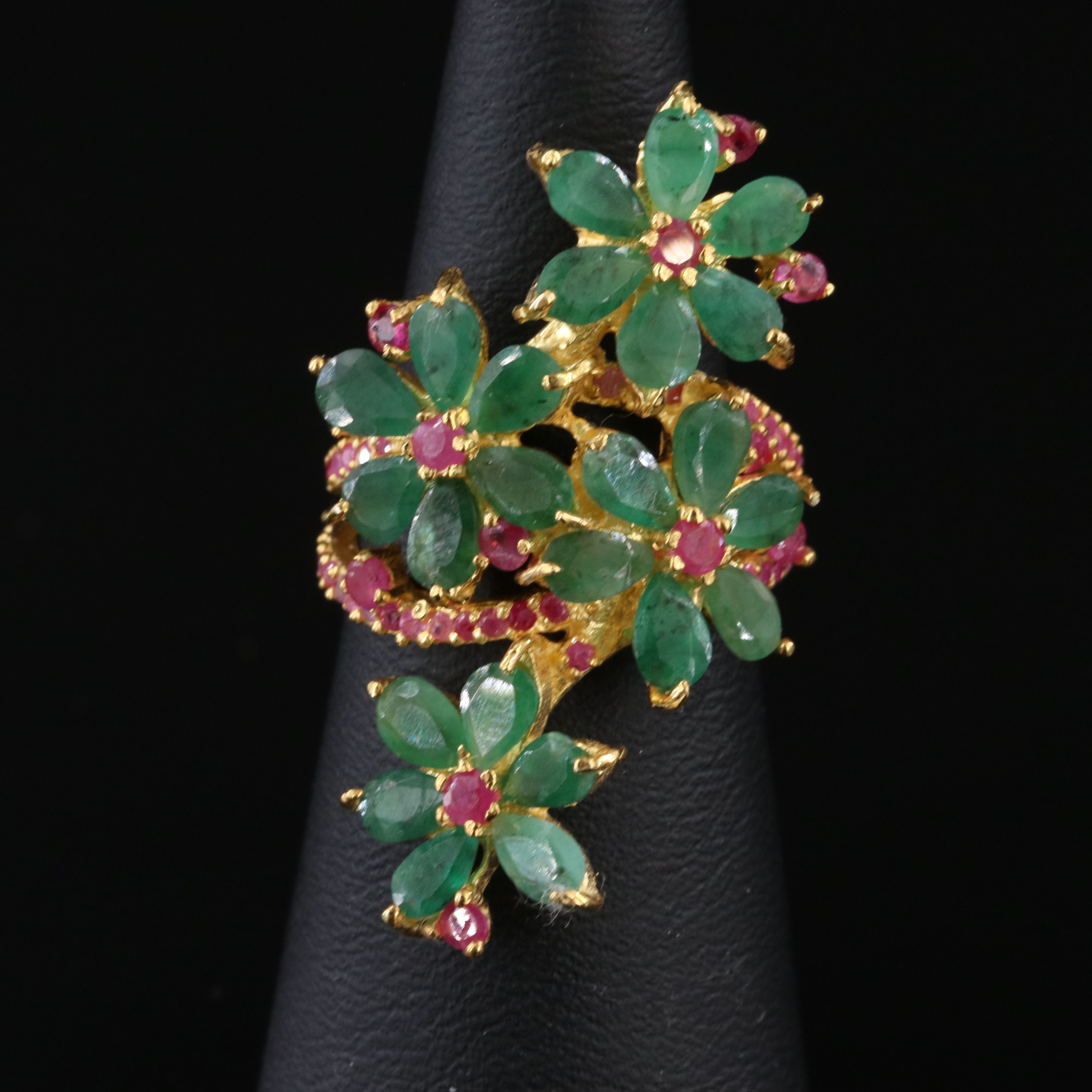 Sterling Emerald and Ruby Floral Bypass Ring