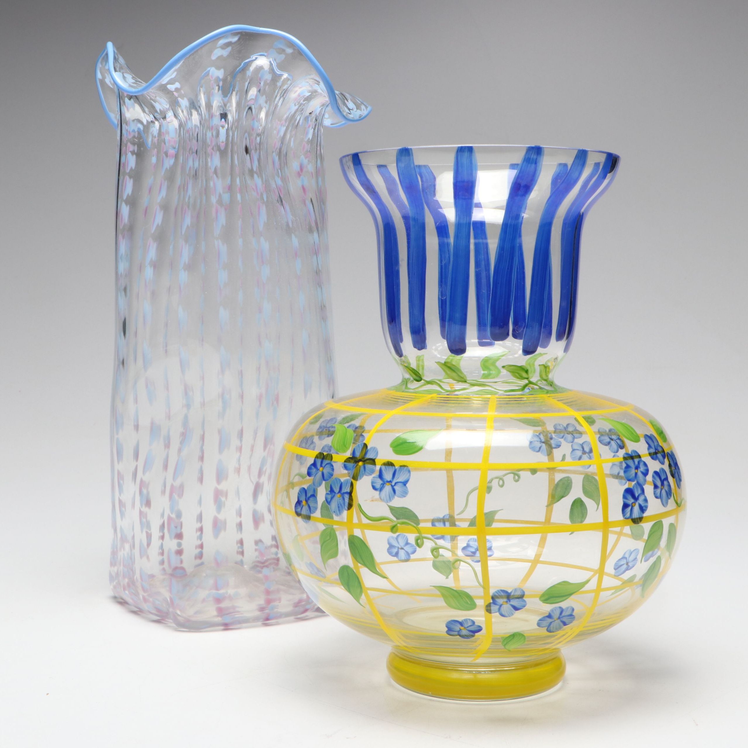 Murano Style "Fazzoletto" Tall Vase with Other Hand-Painted Glass Vase