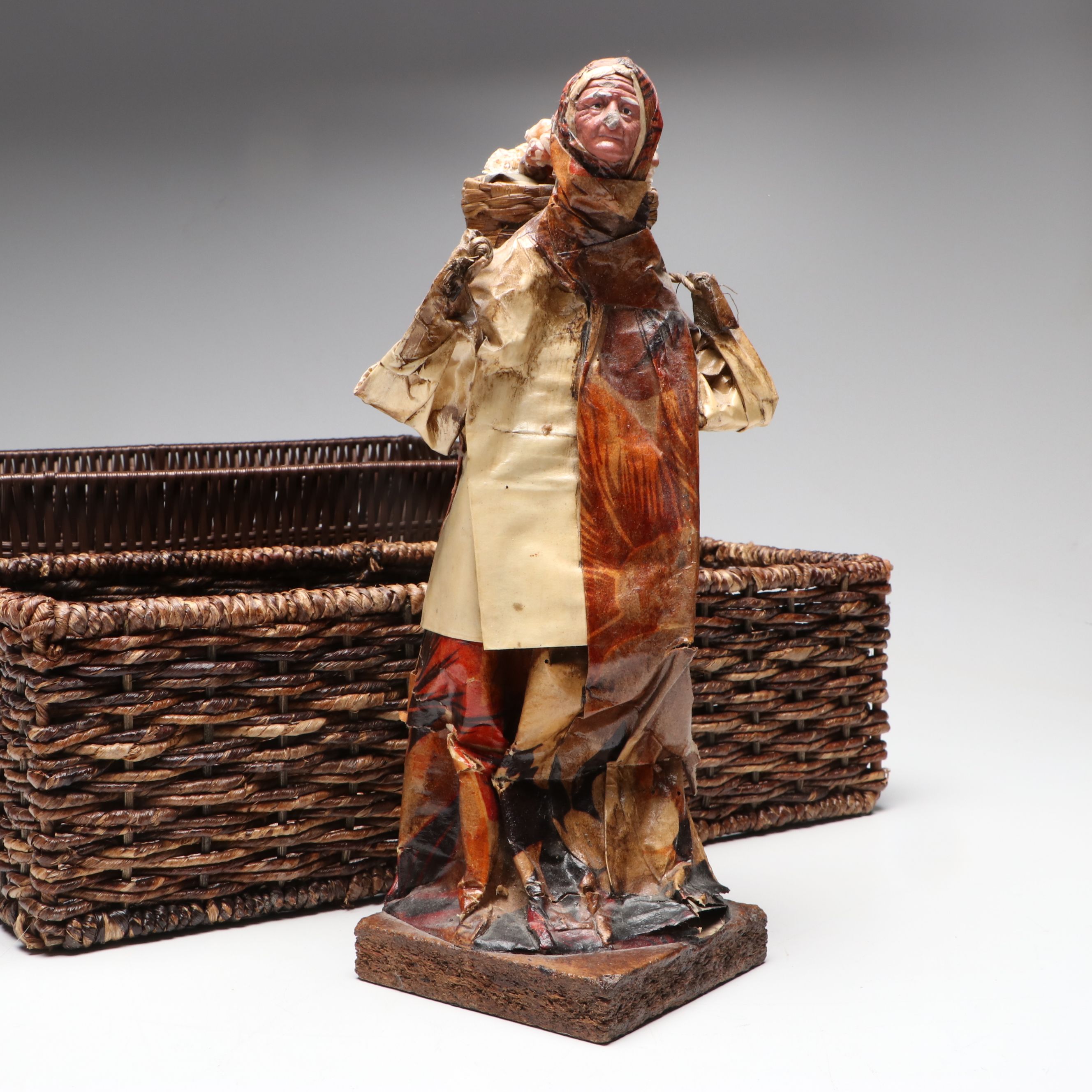 Mexican Cartonería Papier-Mâché Folk Art Figurines with Woven Baskets