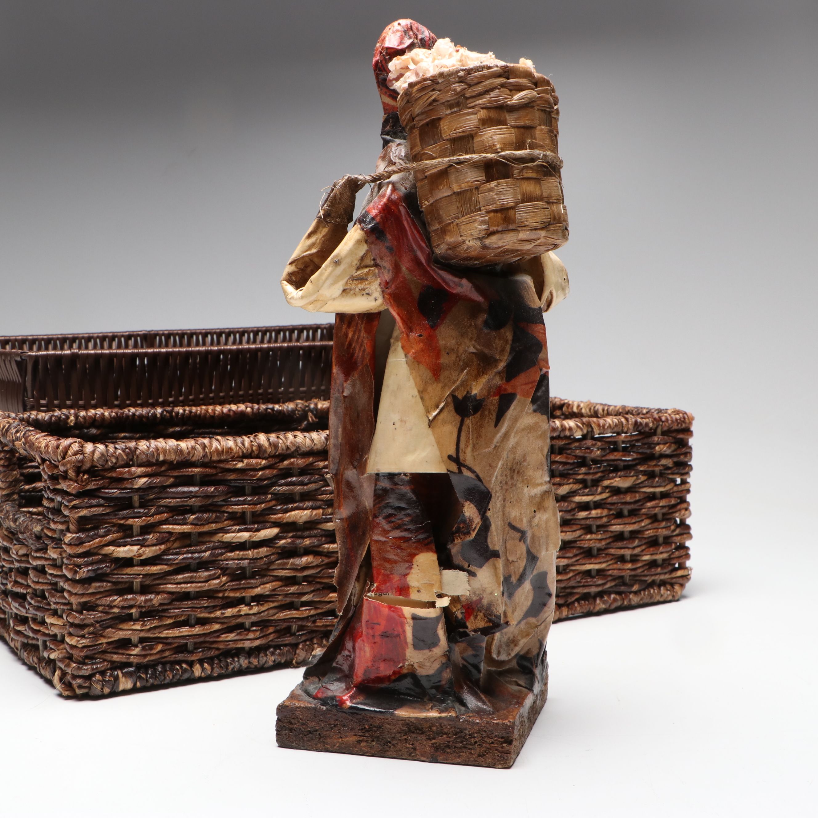 Mexican Cartonería Papier-Mâché Folk Art Figurines with Woven Baskets
