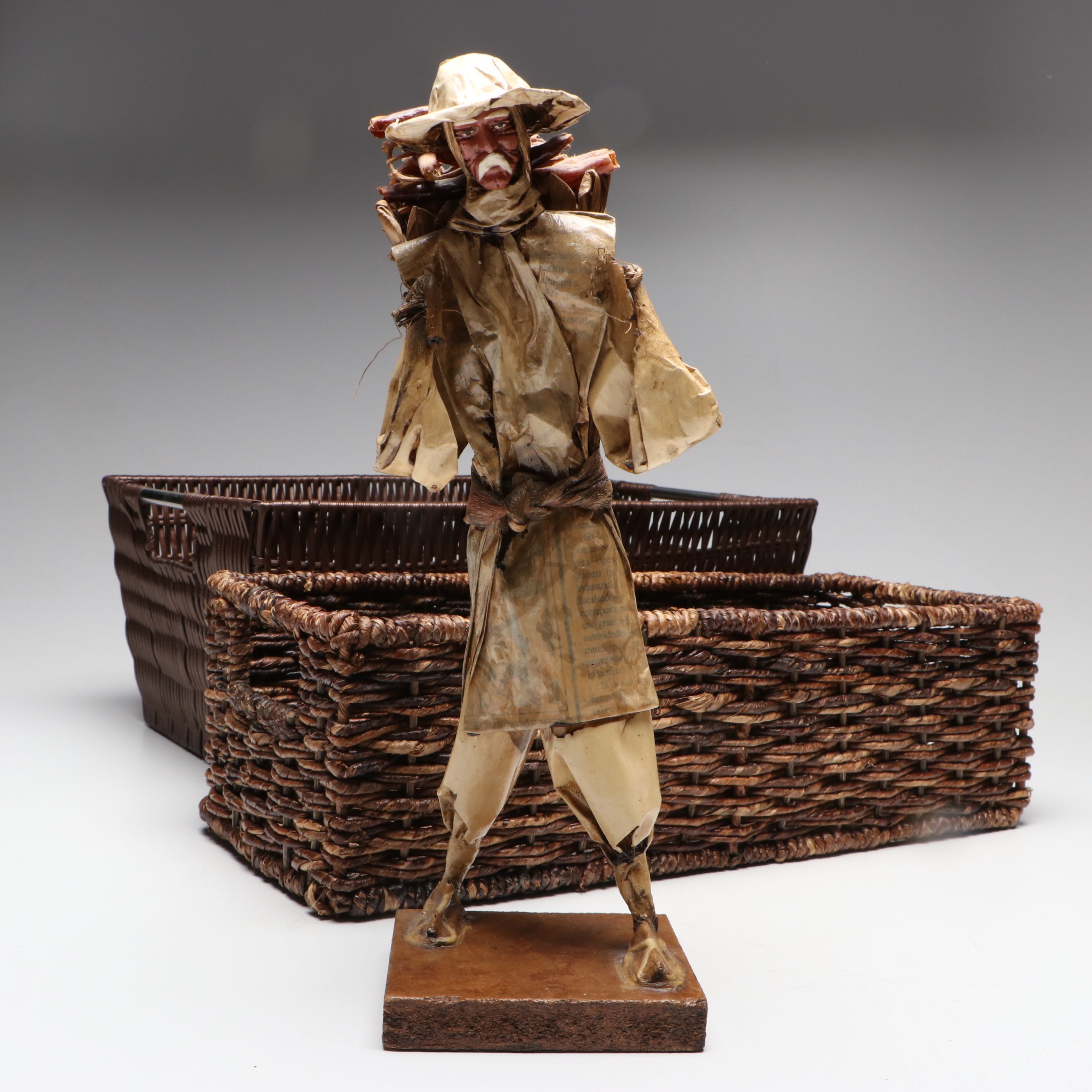 Mexican Cartonería Papier-Mâché Folk Art Figurines with Woven Baskets