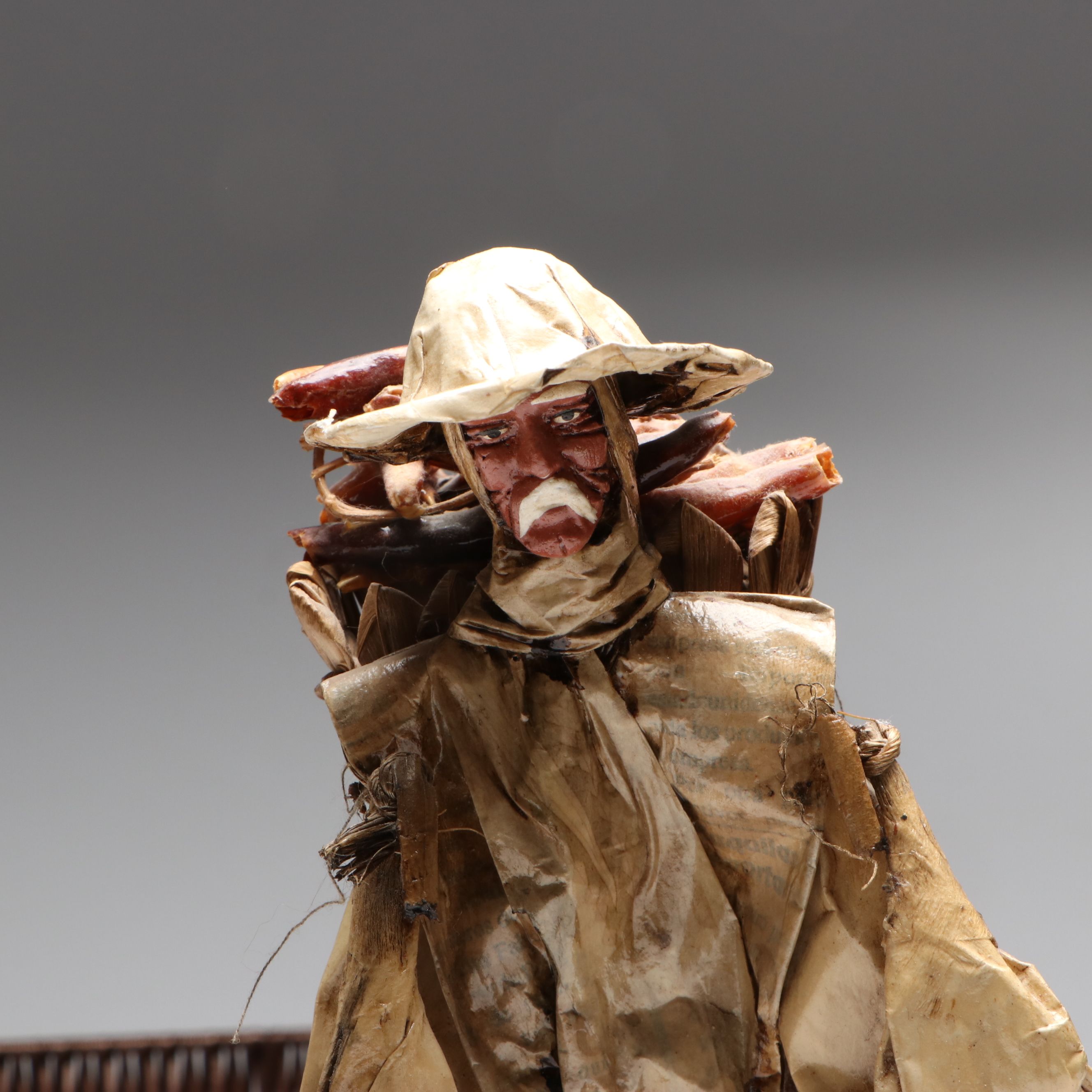 Mexican Cartonería Papier-Mâché Folk Art Figurines with Woven Baskets