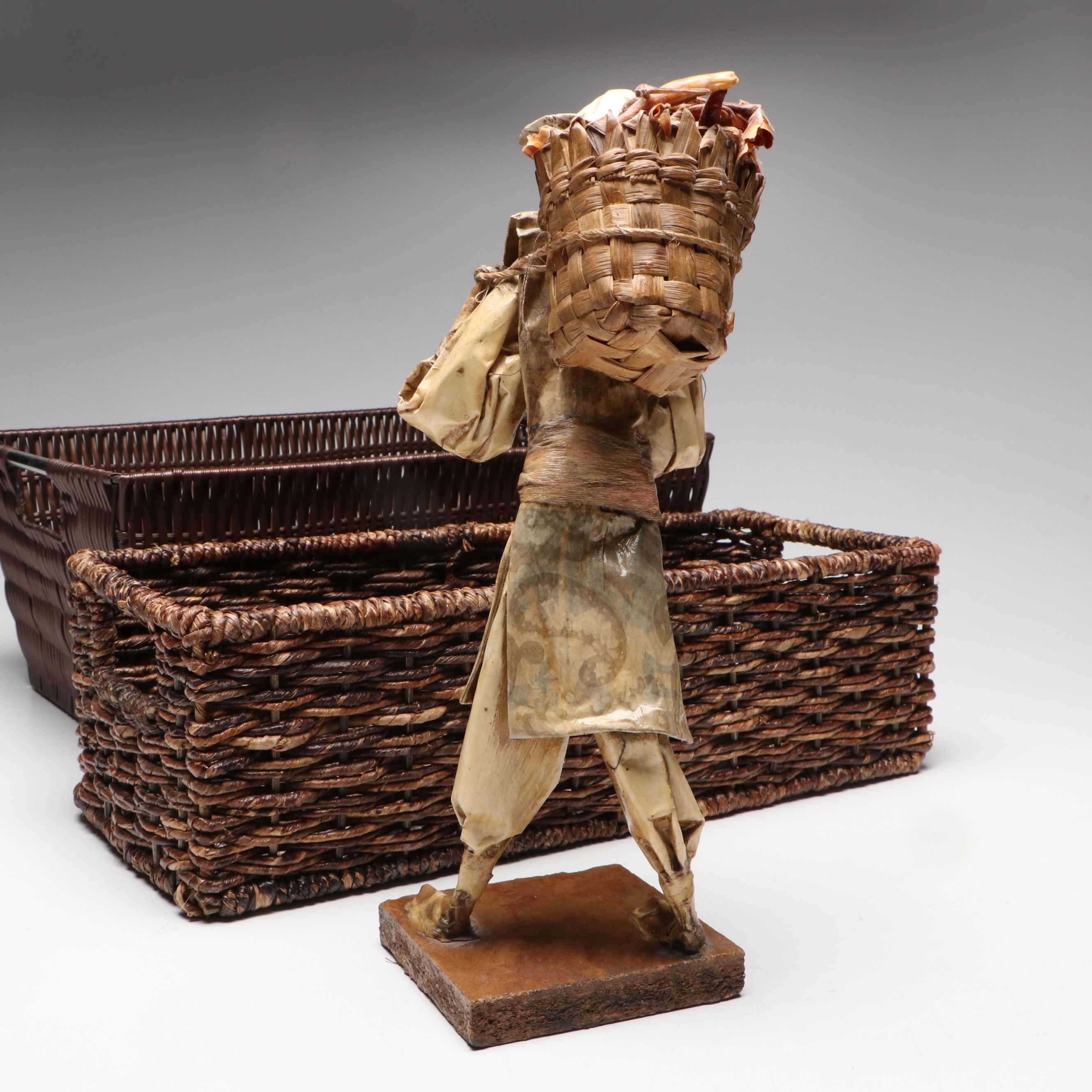 Mexican Cartonería Papier-Mâché Folk Art Figurines with Woven Baskets