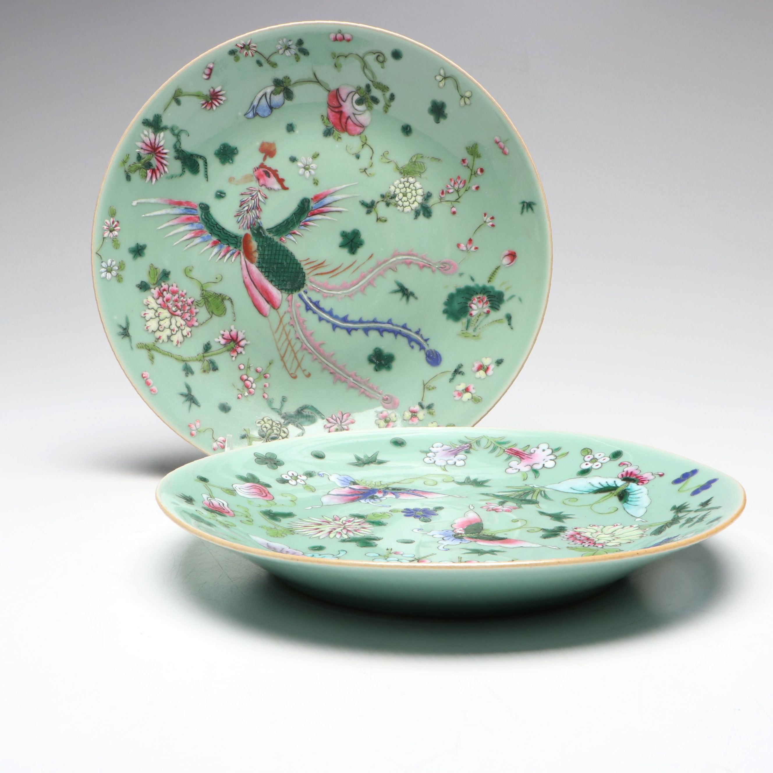 Pair of Chinese Export Porcelain Celadon Famille Rose Plates