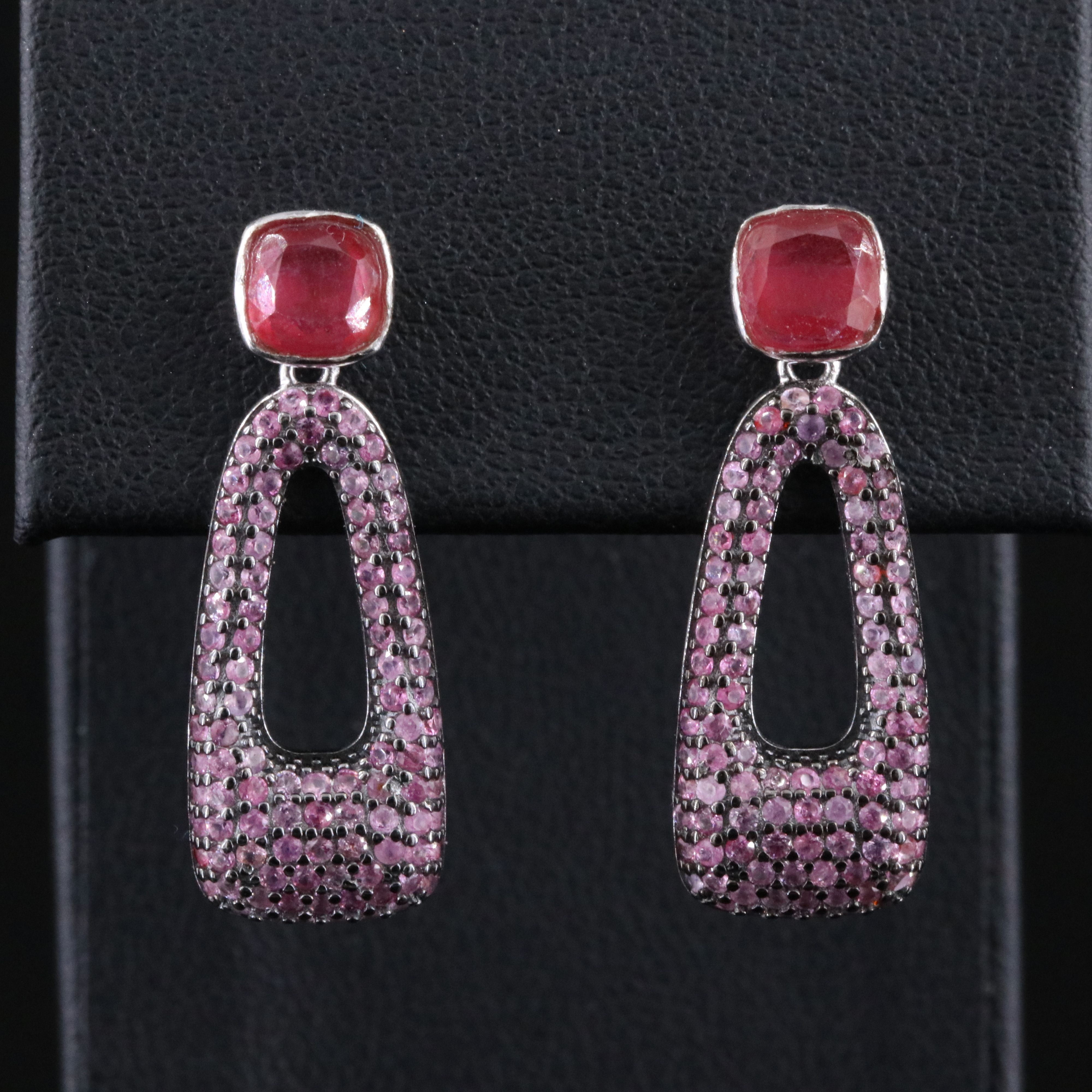 Sterling Pavé Pink Sapphire and Filled Corundum Drop Earrings
