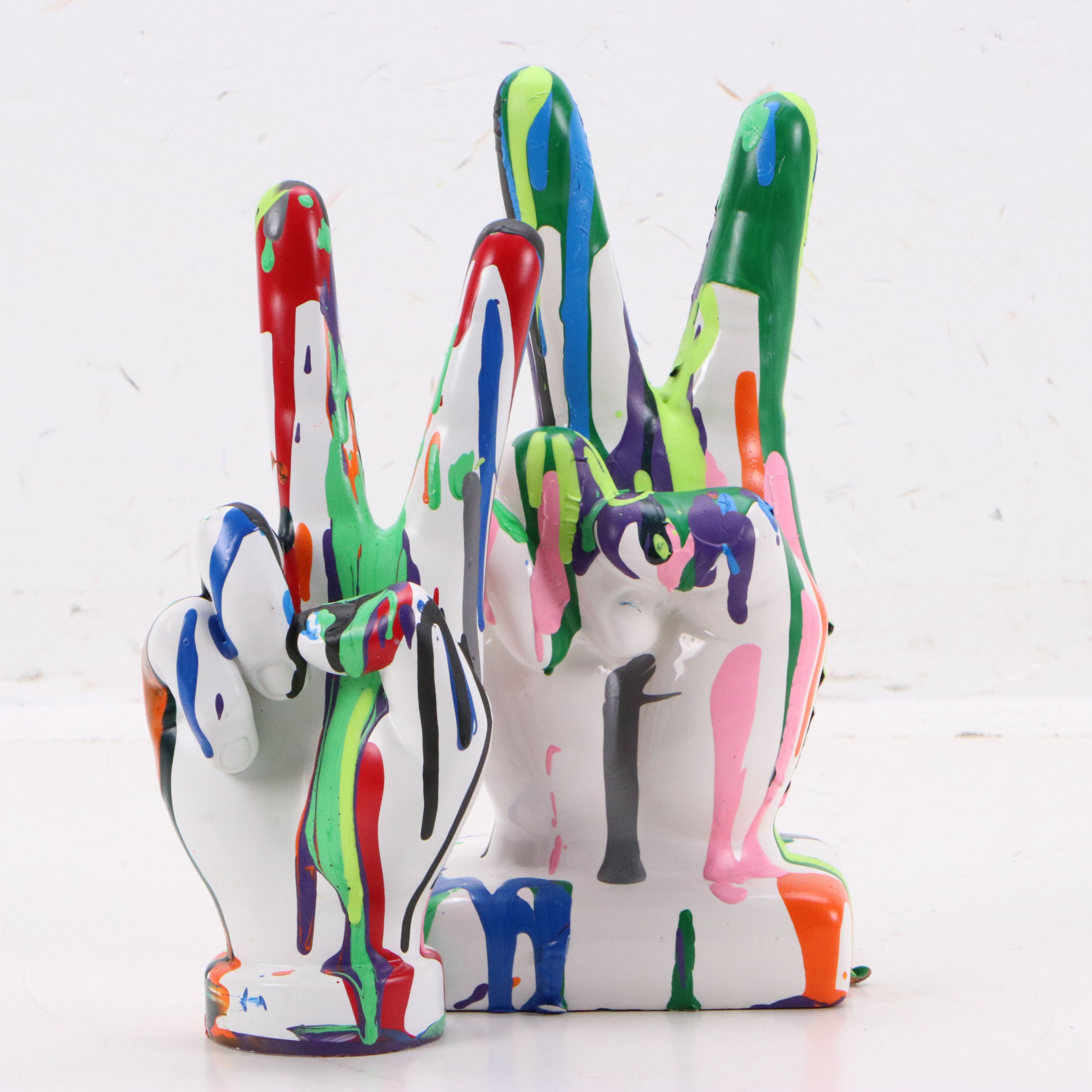 Pair of Ceramic Graffiti Peace Hand Sculpture, 21st Century